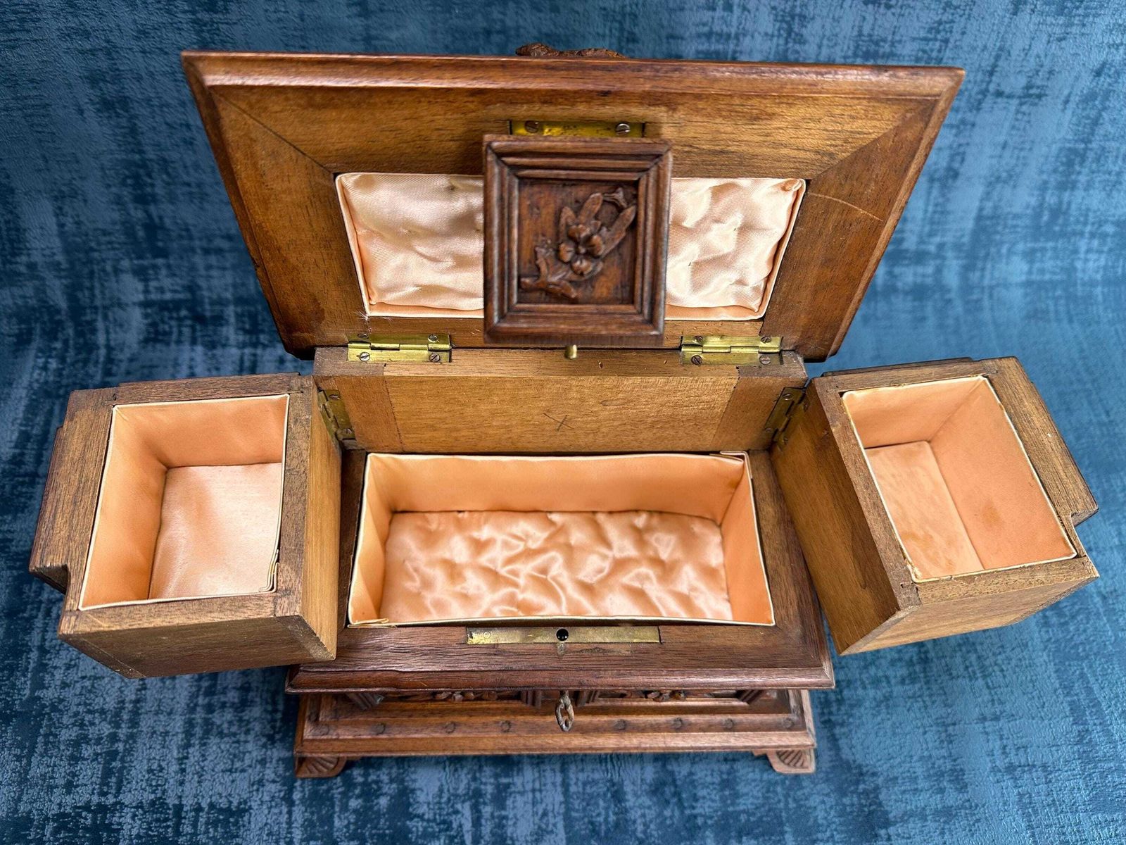 Antique Black Forest Jewelry Casket, Carved Wood Birds Pheasant Box Cabinet, Gift For Her photo for sale