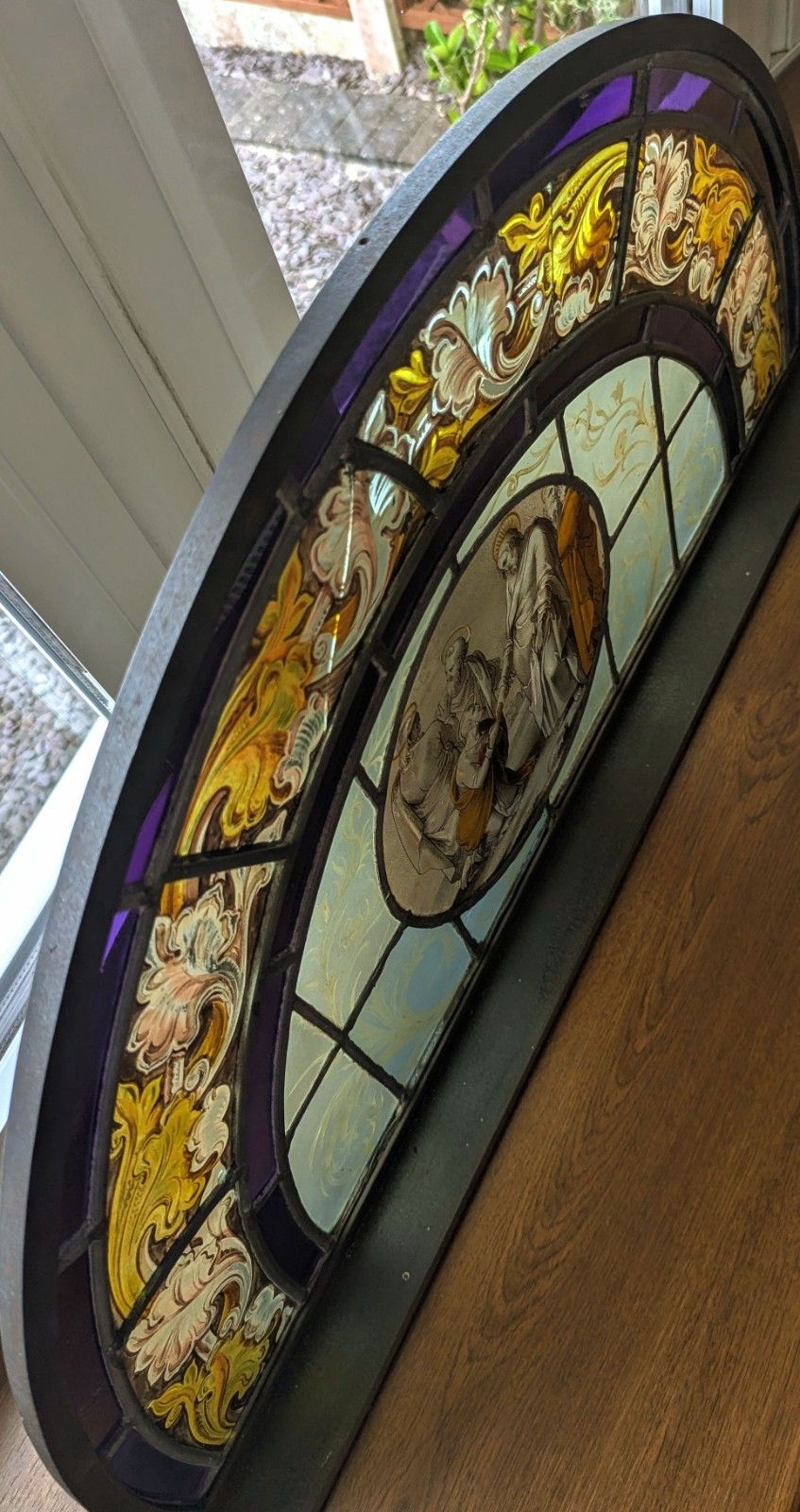 Beautiful 19th C Religious Hand Painted Stained Glass Steel Stand Delivery Available 0110. photo for sale