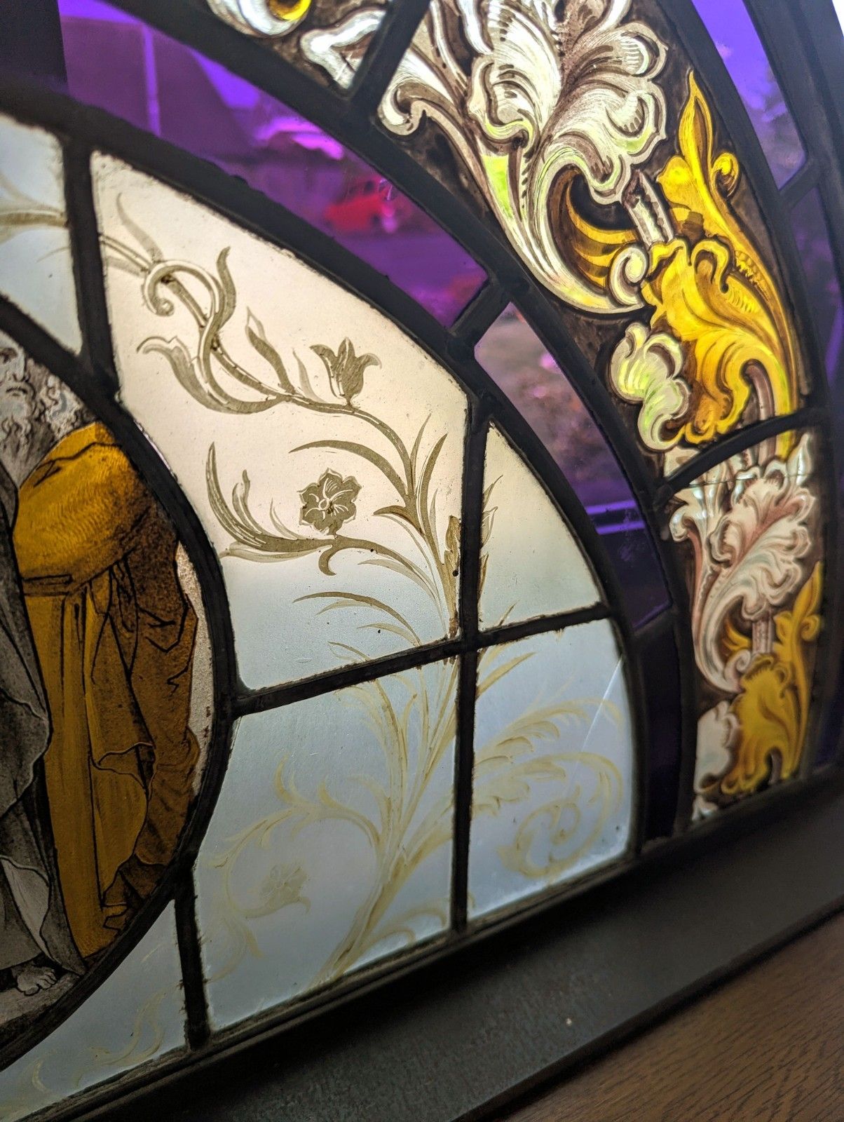 Beautiful 19th C Religious Hand Painted Stained Glass Steel Stand Delivery Available 0110. photo 965.0