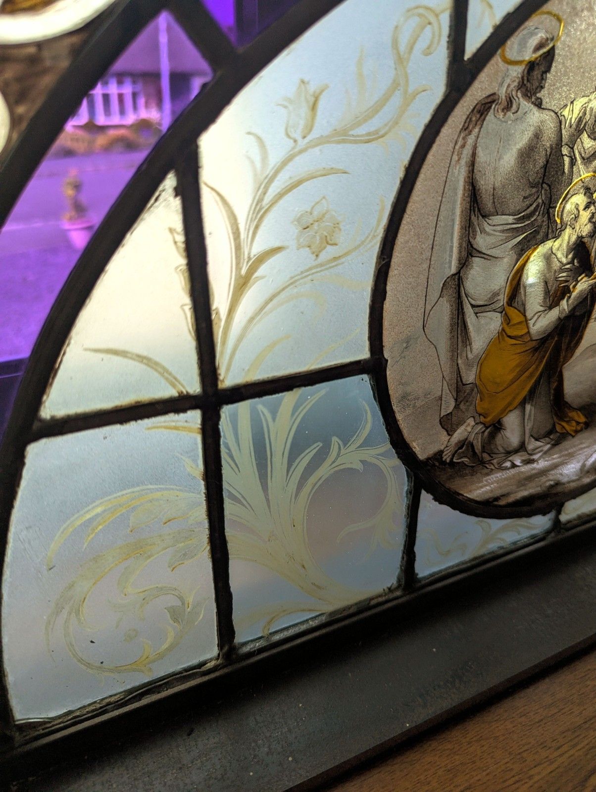 Beautiful 19th C Religious Hand Painted Stained Glass Steel Stand Delivery Available 0110. photo vinterior
