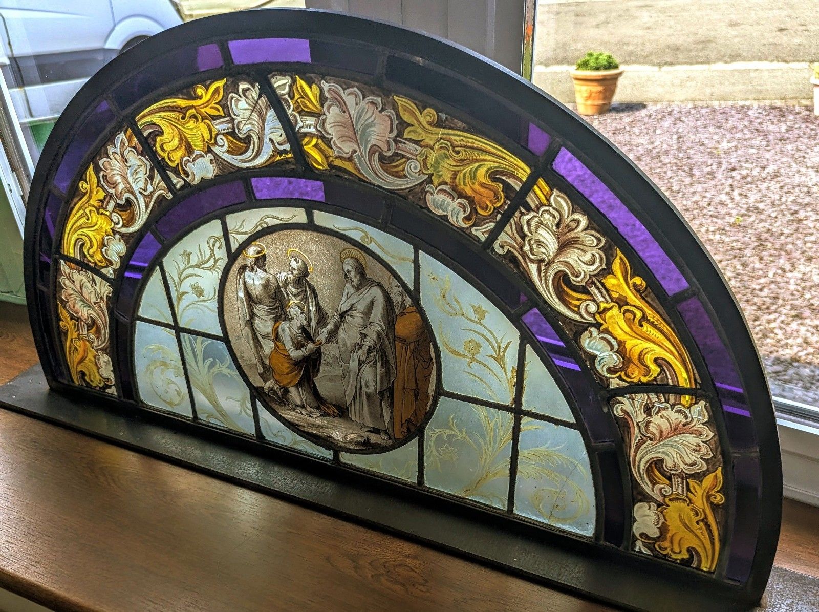 photo furniture Beautiful 19th C Religious Hand Painted Stained Glass Steel Stand Delivery Available 0110.