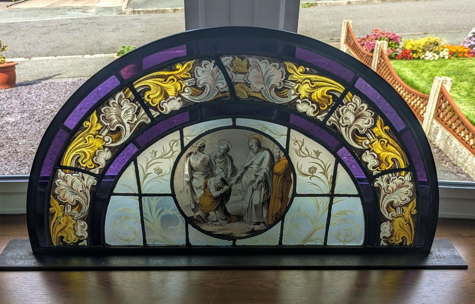 Art Beautiful 19th C Religious Hand Painted Stained Glass Steel Stand Delivery Available 0110. photo