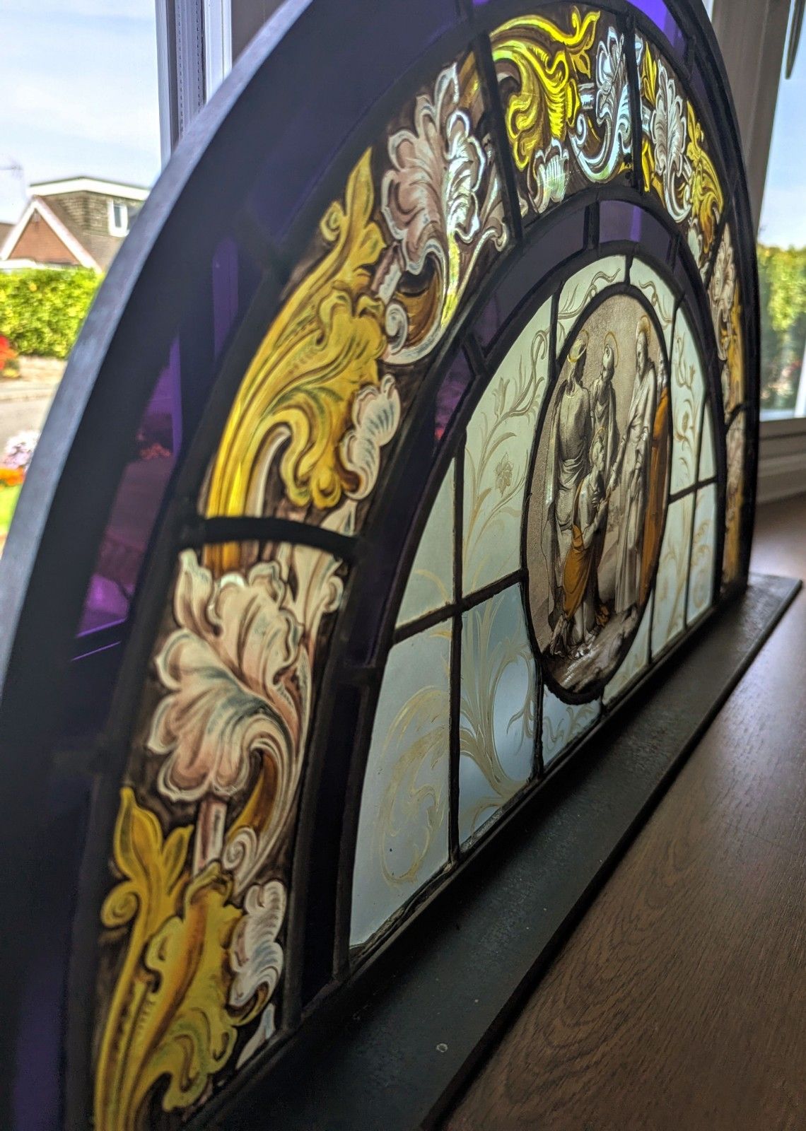 965.0 Beautiful 19th C Religious Hand Painted Stained Glass Steel Stand Delivery Available 0110. photo