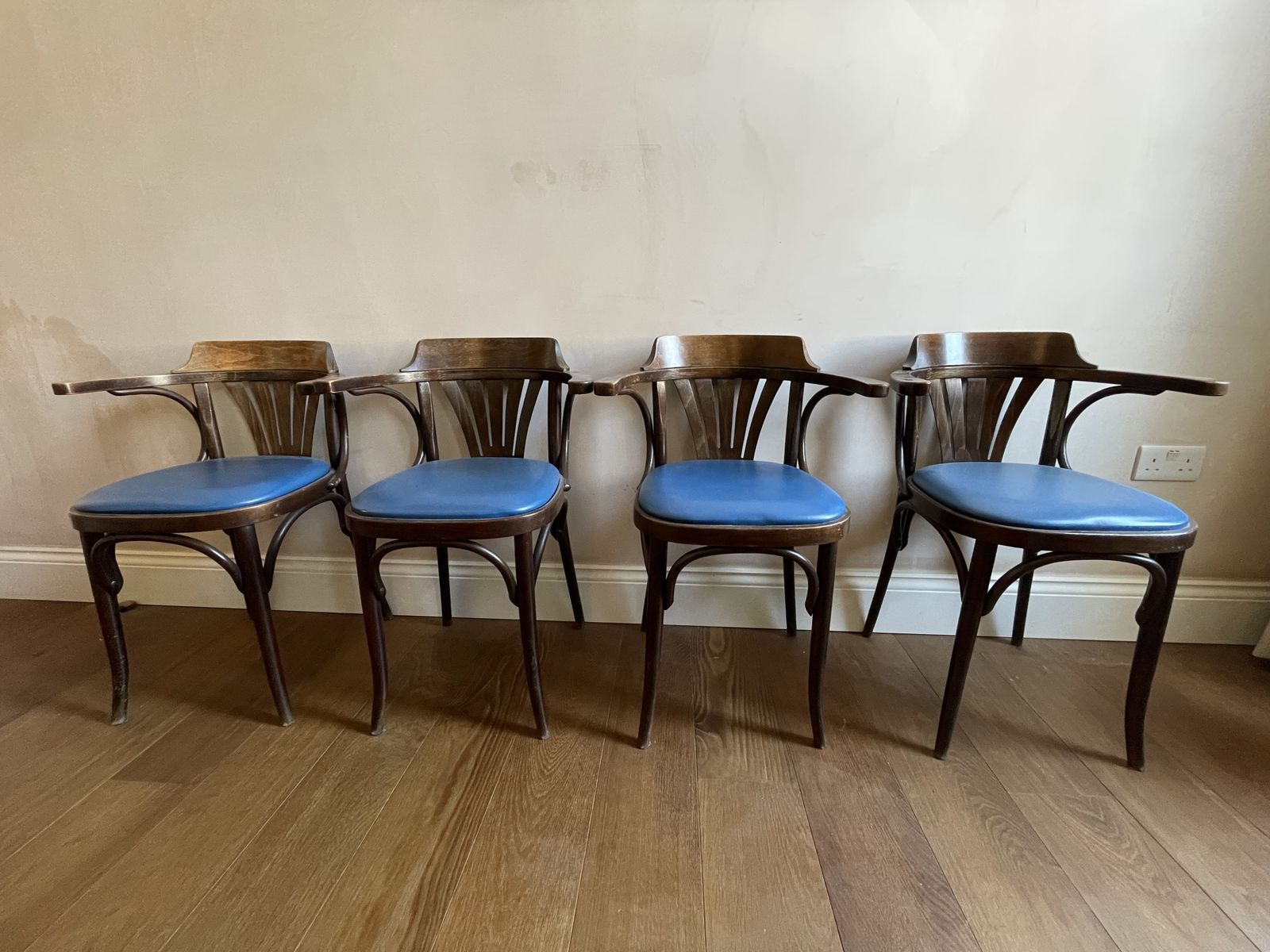 1970's French Fan Back Upholstered Bentwood Dining Arm Chair (Set Of 4) photo for sale