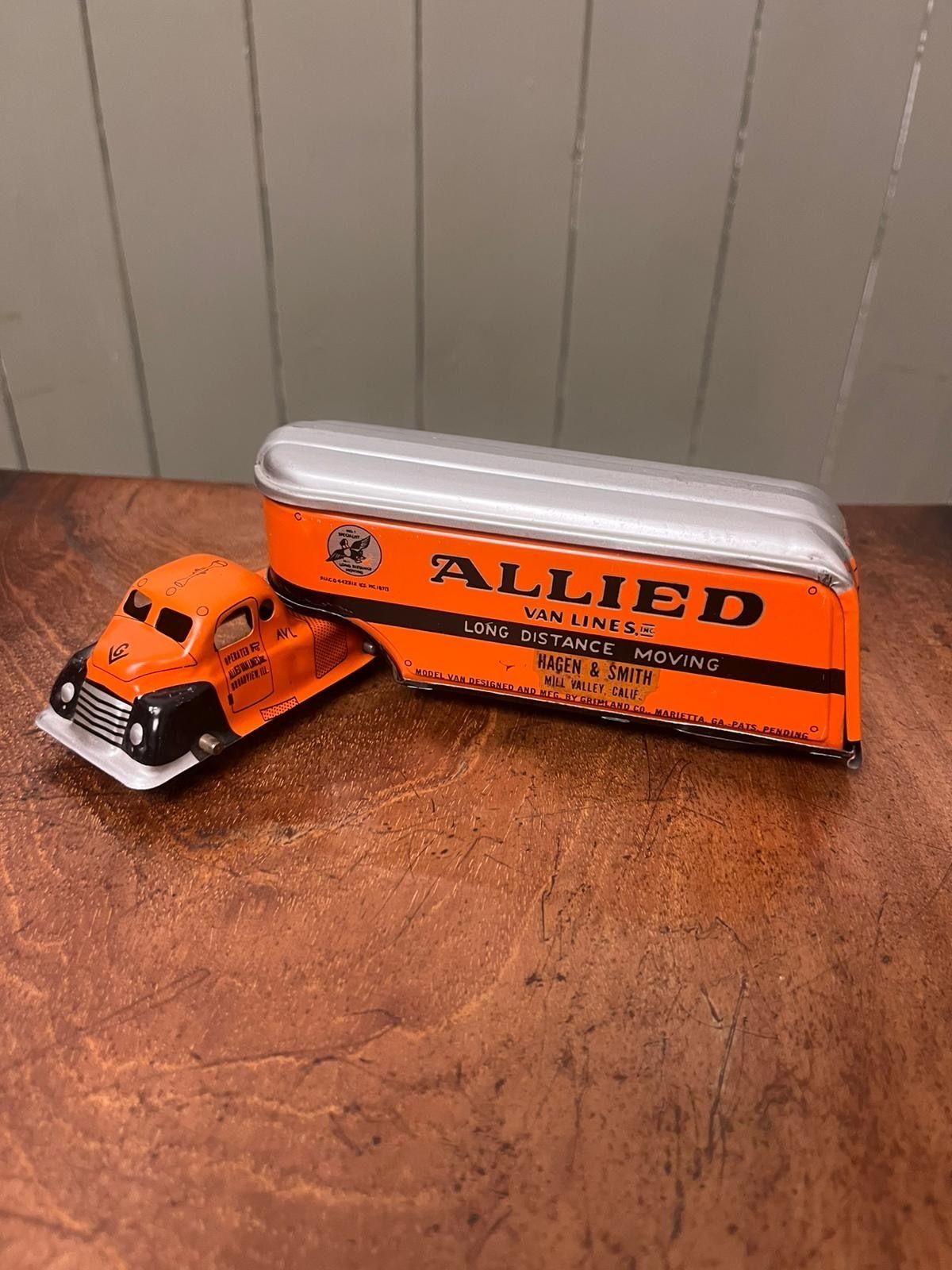 1930's American Grimland Co Tin Litho Allied Moving Van Lines Truck W/ Box photo for sale