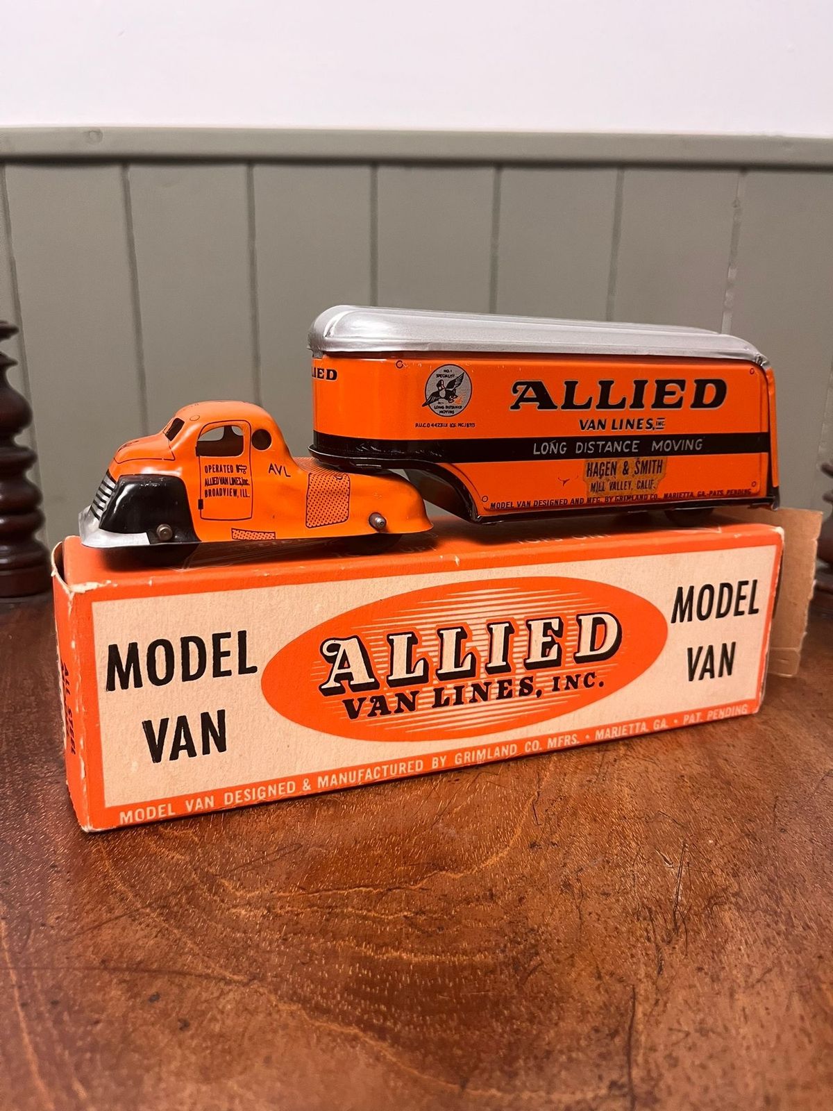 1930's American Grimland Co Tin Litho Allied Moving Van Lines Truck W/ Box photo Home Decor