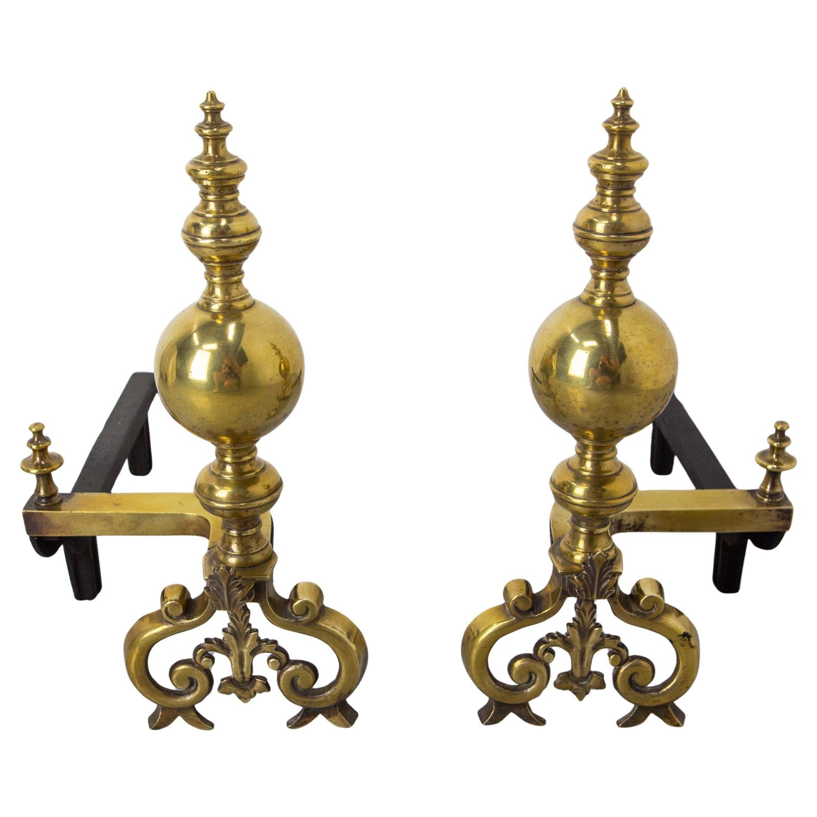 Pair Of Brass And Wrought Iron Andirons, France, 18th Century