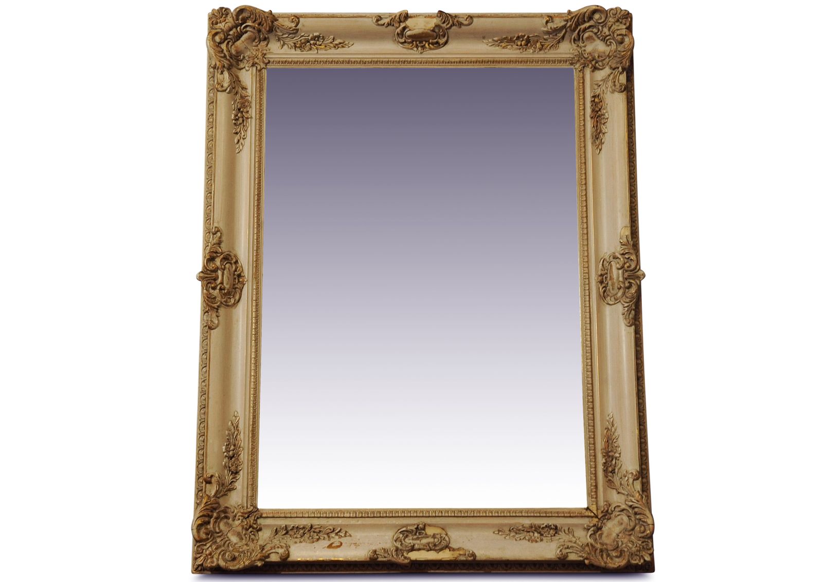 Beautiful 19th Century Cream French Painted Decorative Rectangular Wall Mirror With Decorative Gilt Gesso Florals And Foliage Detailing photo for sale