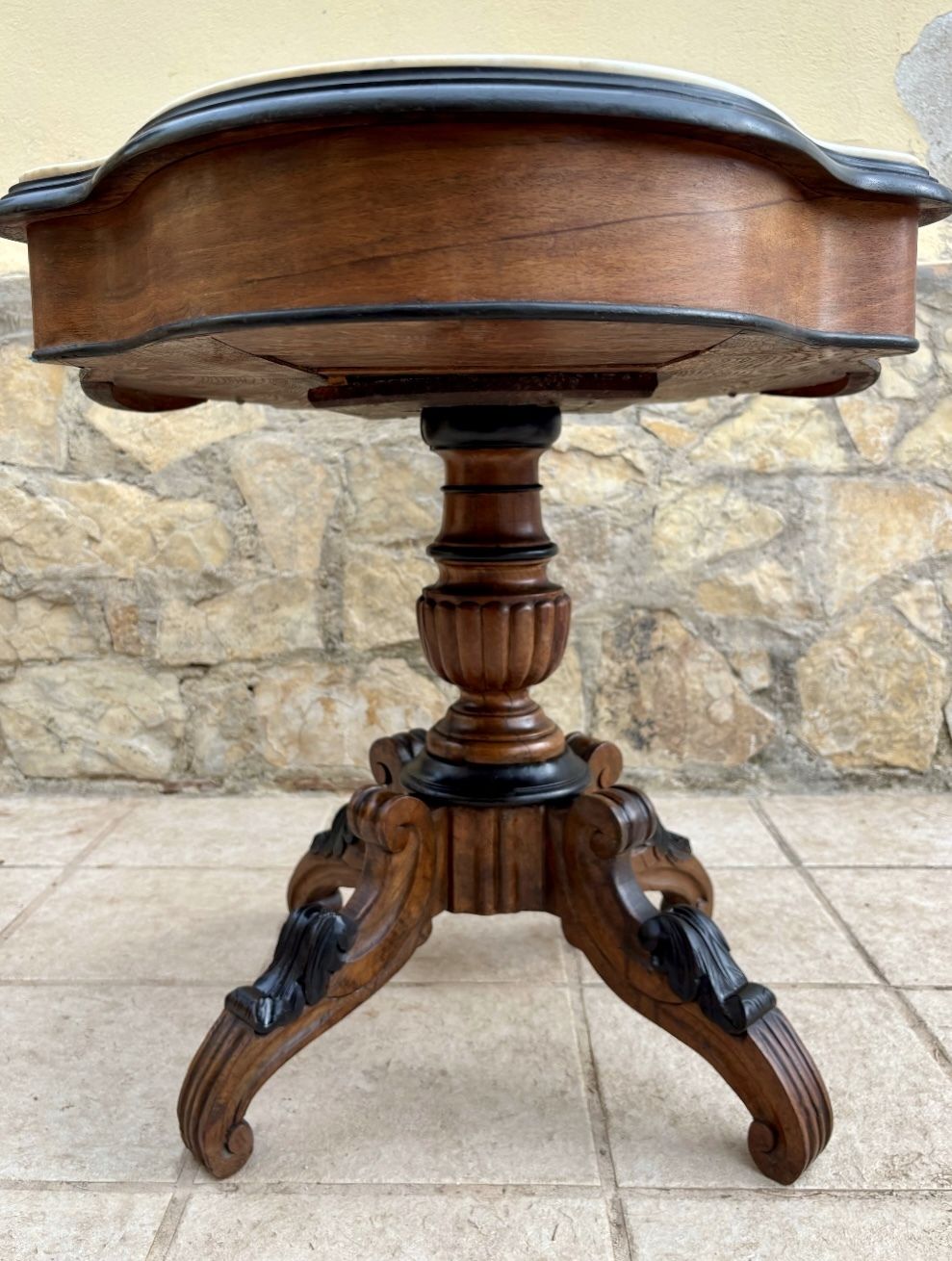 Old Walnut And Marble Pedestal Table Italian Louis Philippe From The Mid 19th Century With Two Drawers photo for sale