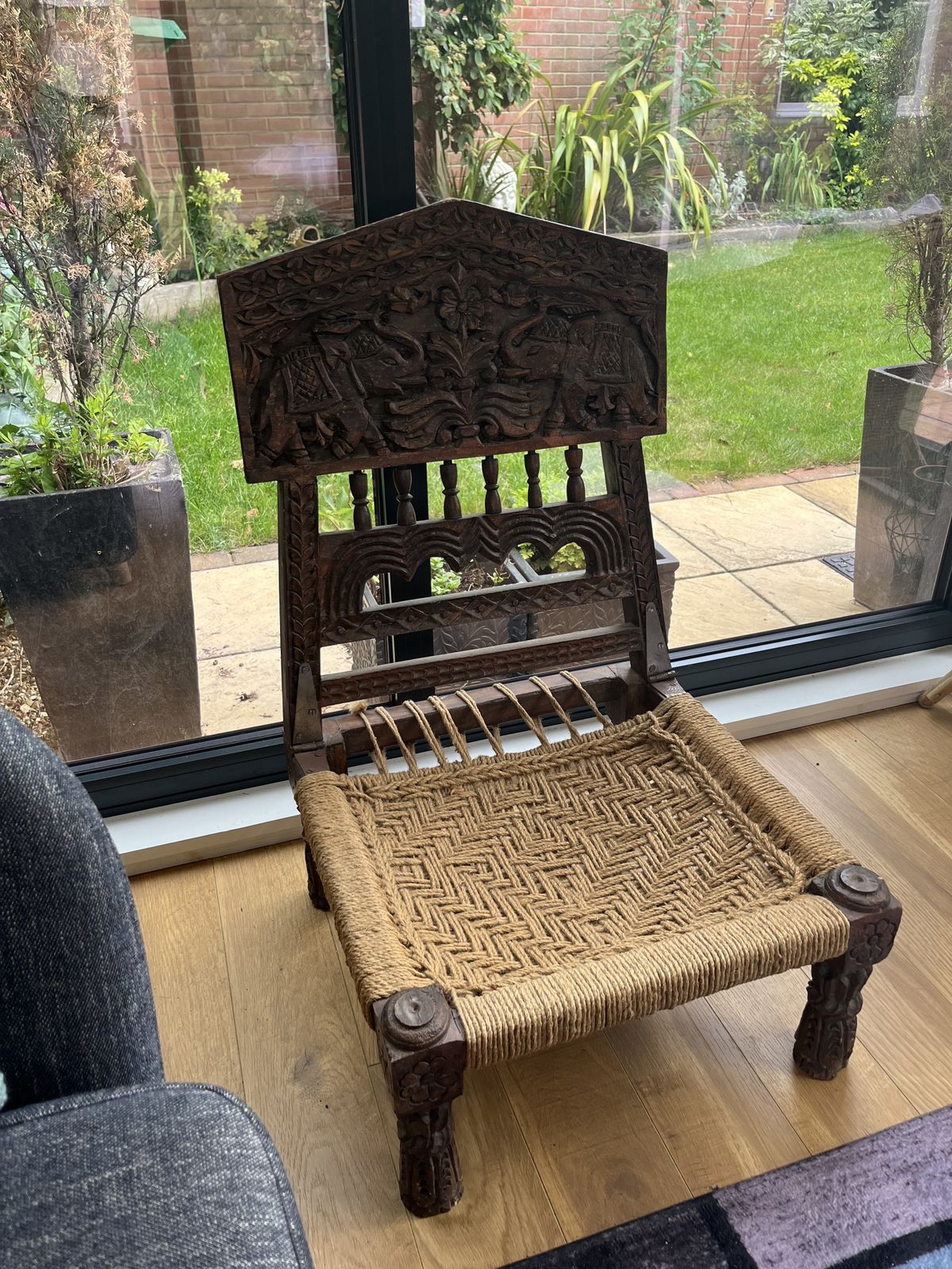 Indian Hand Carved Folding Chair With Carved Elephants And Decorative Flowers