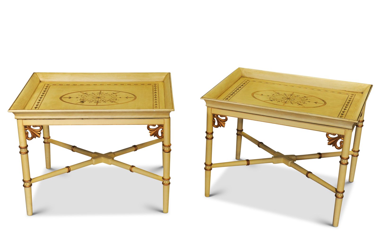 A Pair Of Julian Chichester Faux Bamboo Tray Top Side Tables On X Frame Bases Designed In The Style Of Thomas Chippendale, With A Hint Of Campaign