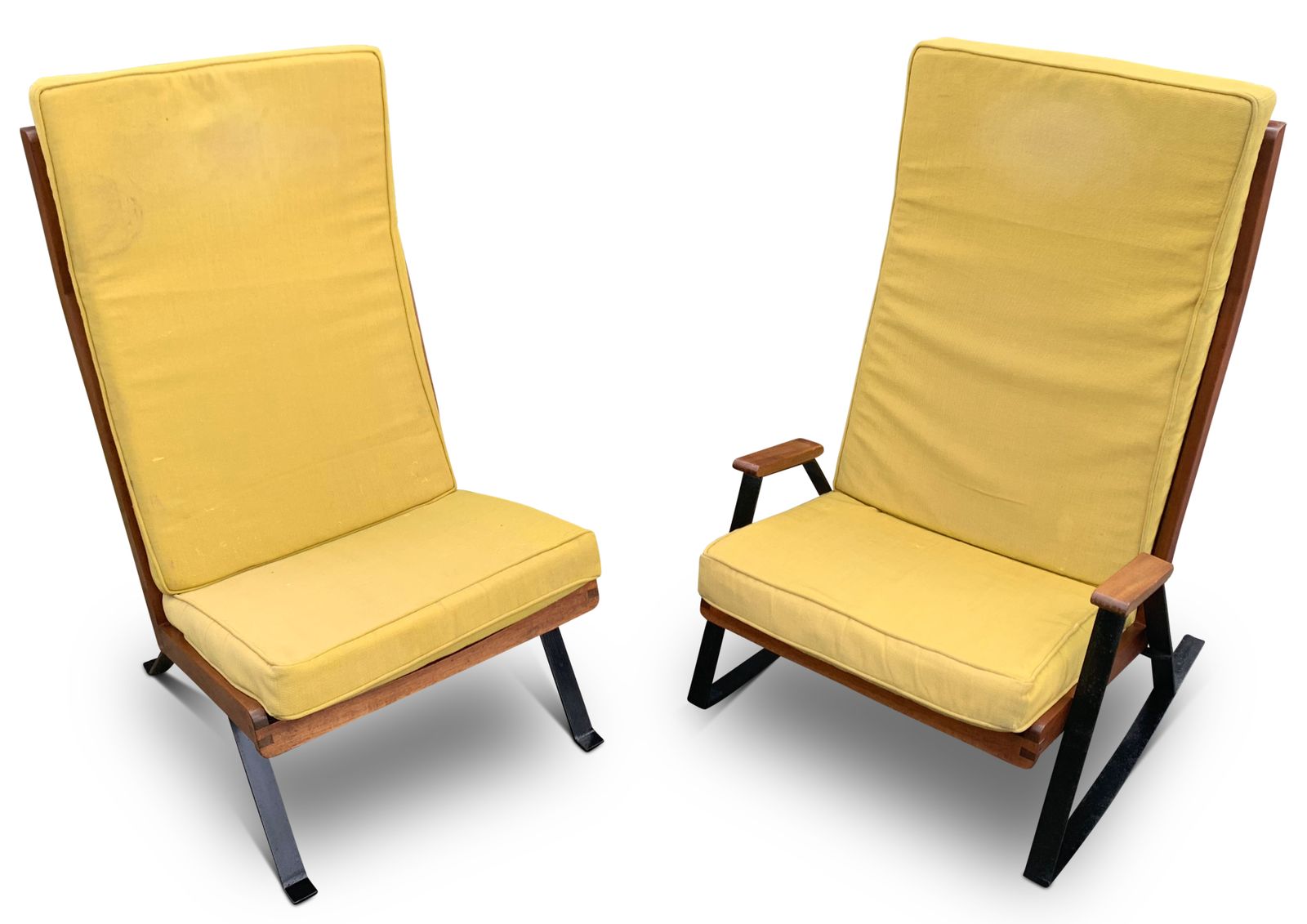 A Rare Pair Of Mid Century Teak & Ebonised Steel Shell Chairs With Upholstered Cushions In The Style Of The Designs Of Gerrit Rietveld & Joseph Andre photo for sale