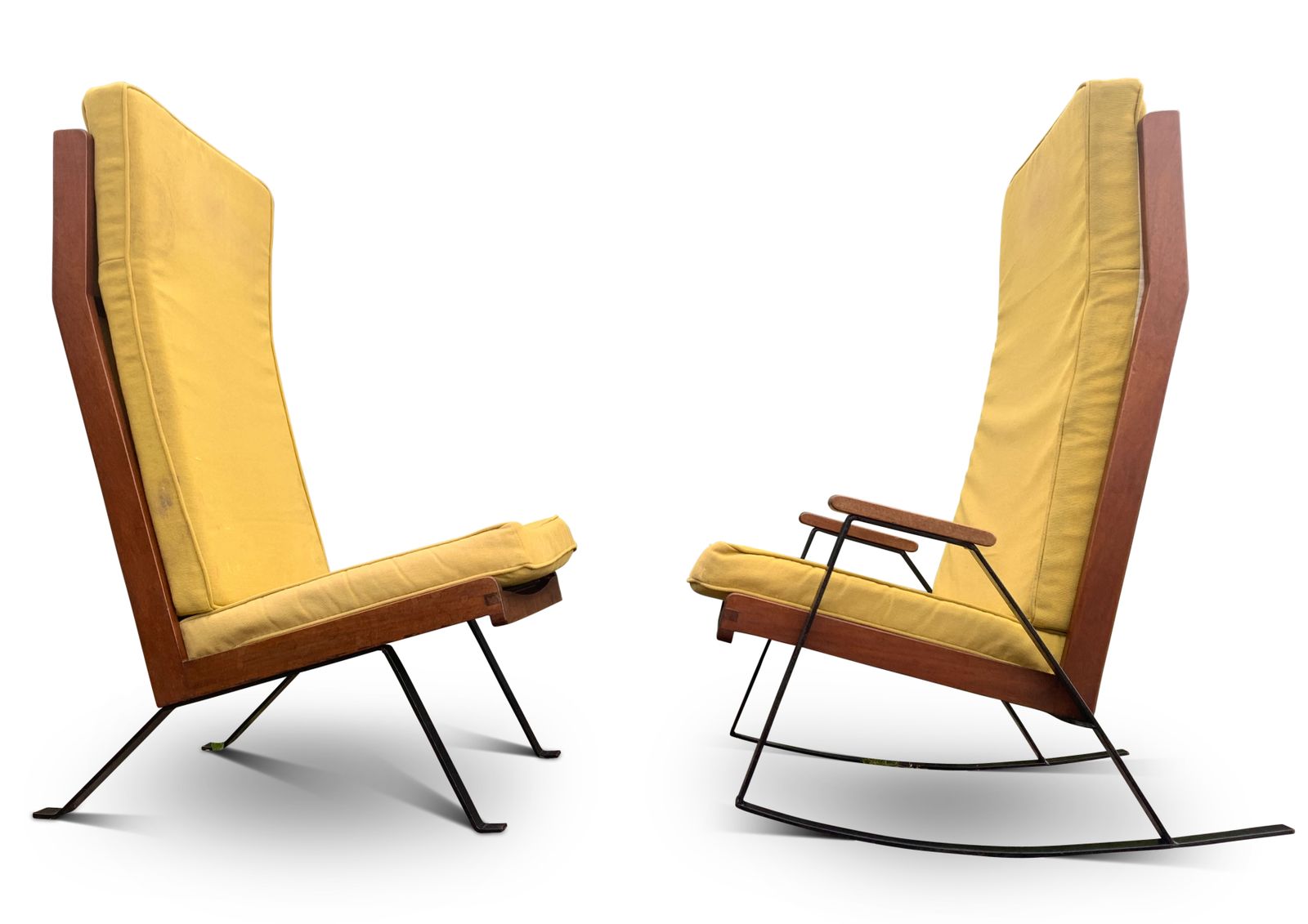 A Rare Pair Of Mid Century Teak & Ebonised Steel Shell Chairs With Upholstered Cushions In The Style Of The Designs Of Gerrit Rietveld & Joseph Andre