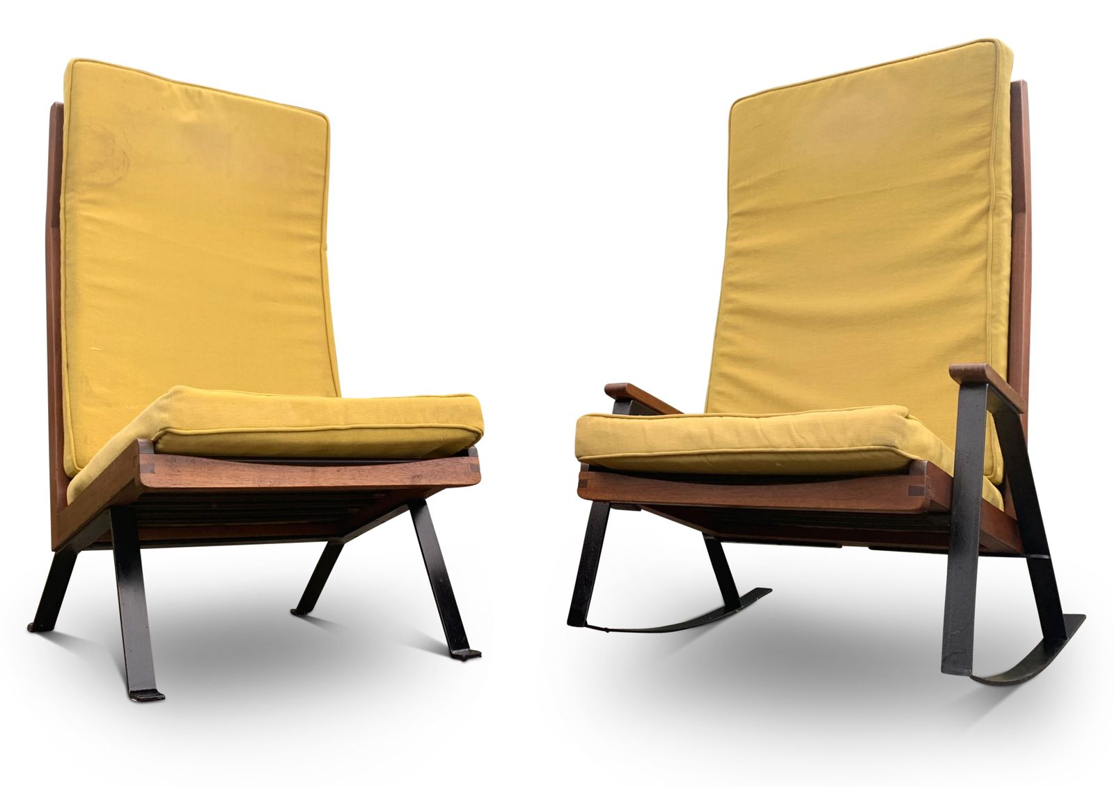 A Rare Pair Of Mid Century Teak & Ebonised Steel Shell Chairs With Upholstered Cushions In The Style Of The Designs Of Gerrit Rietveld & Joseph Andre photo furniture