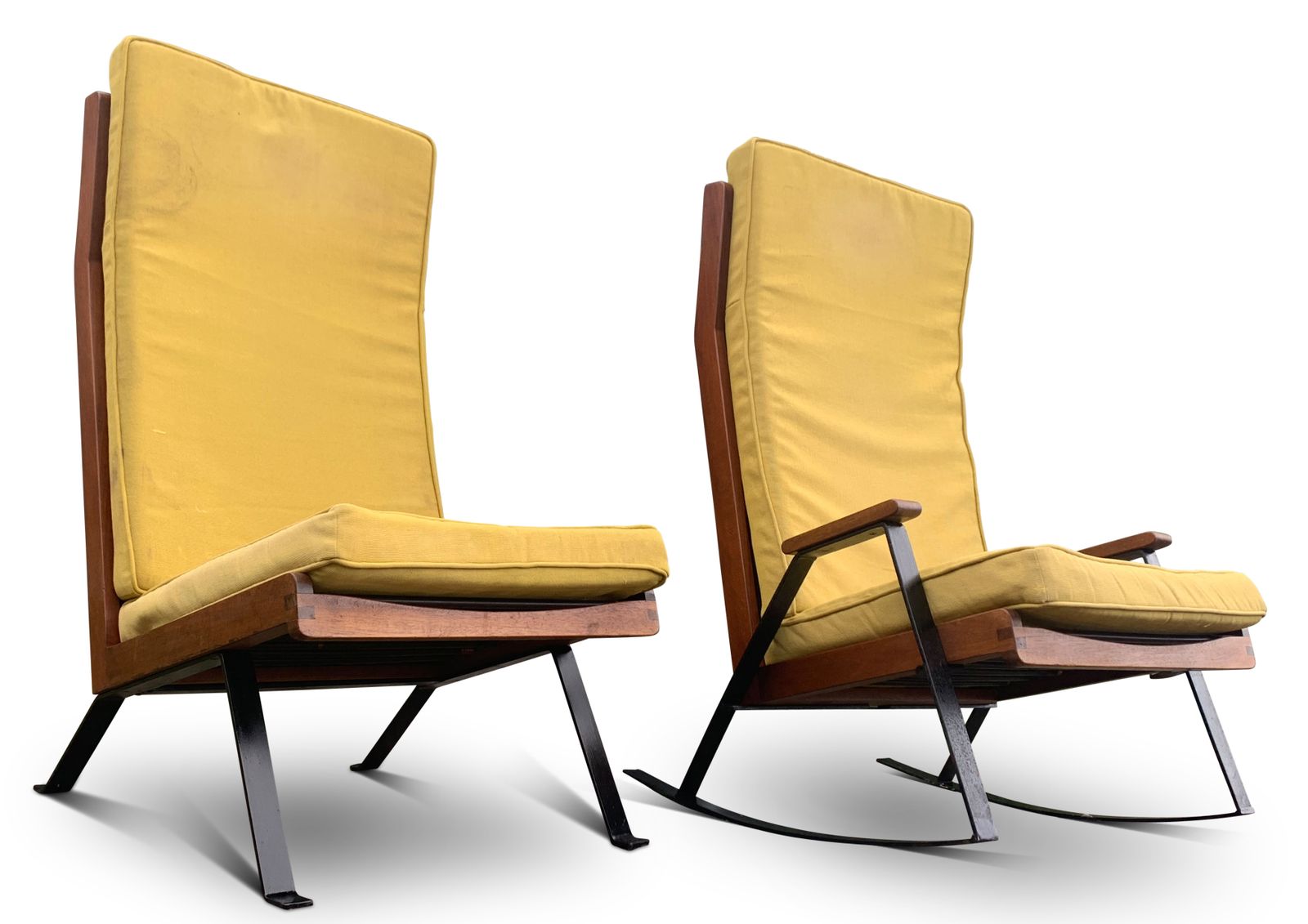 A Rare Pair Of Mid Century Teak & Ebonised Steel Shell Chairs With Upholstered Cushions In The Style Of The Designs Of Gerrit Rietveld & Joseph Andre photo 5000.0