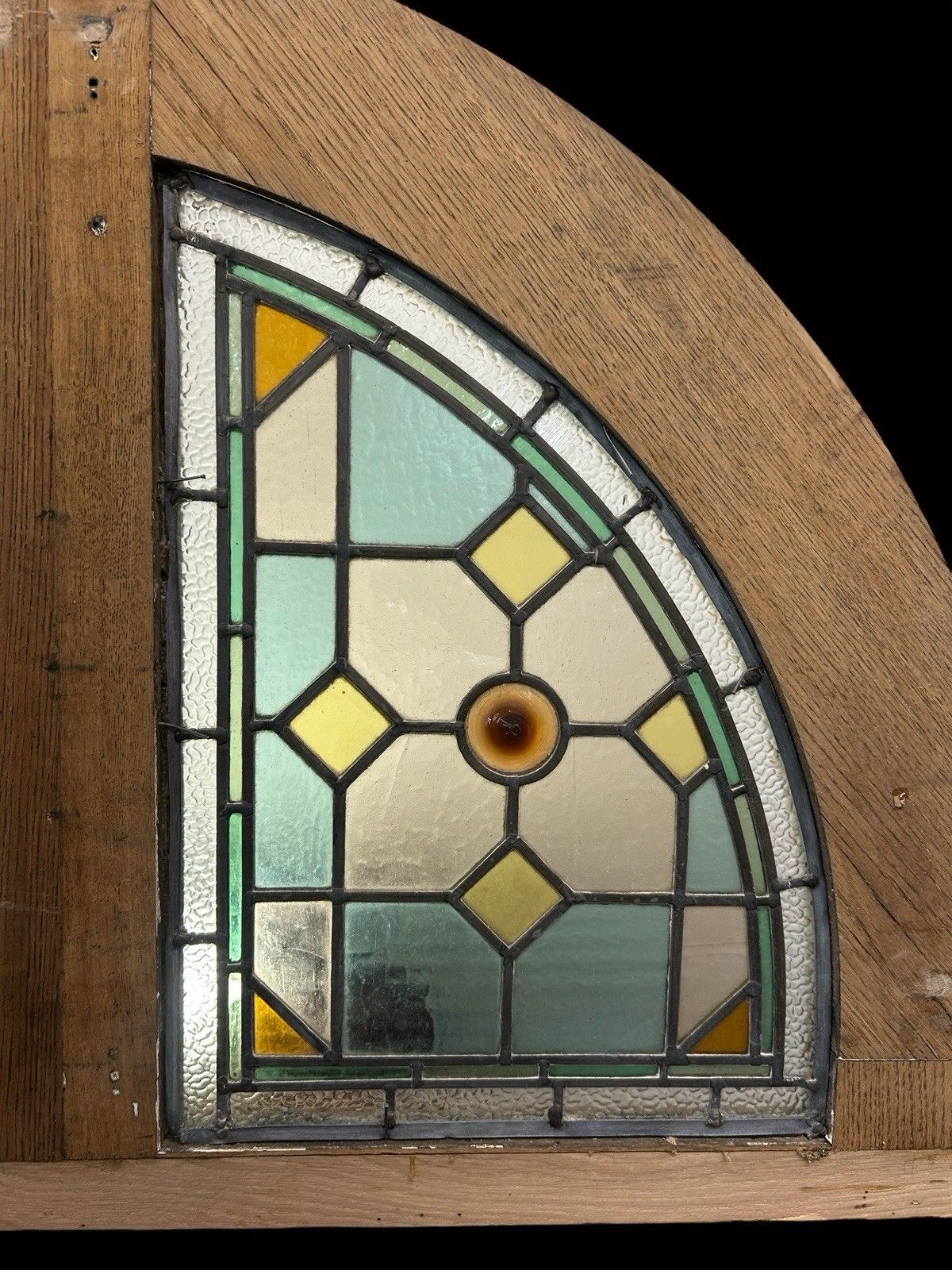 Antique Stained Glass Window Panel Solid Oak Reclaimed Period Old Arched Leaded photo vintage