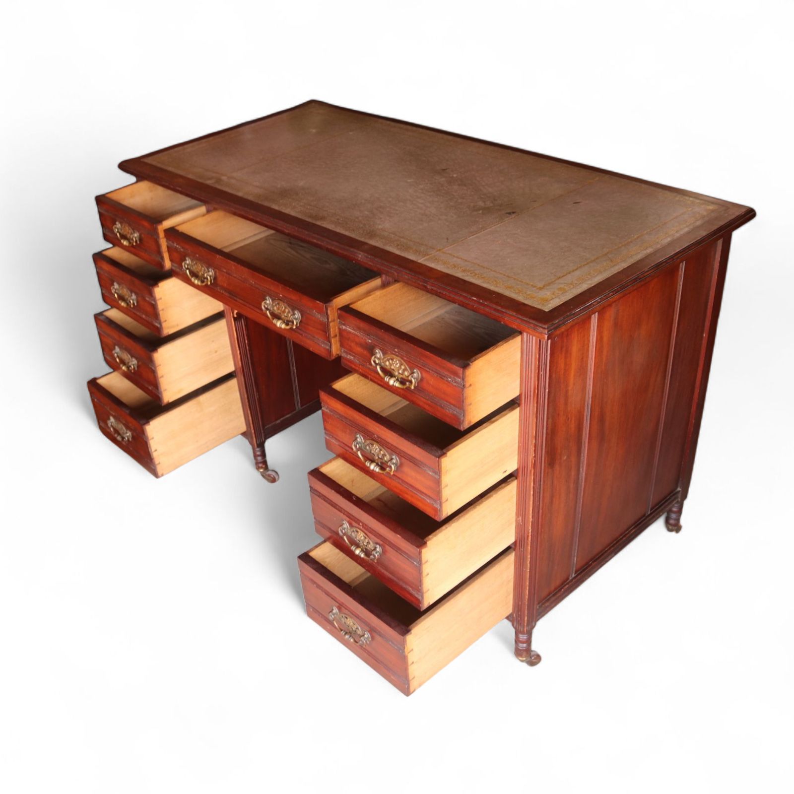 Antique Edwardian Mahogany Leather Top Knee Hole Writing Desk photo for sale
