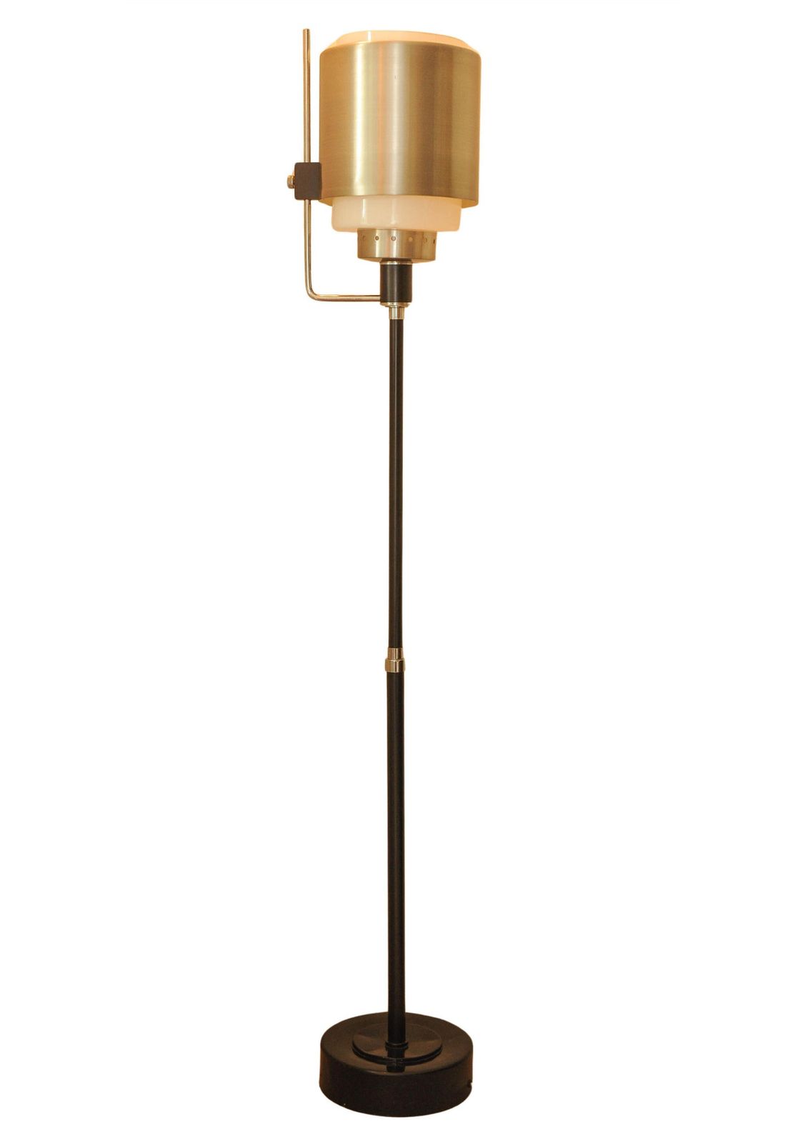 An Innovative Designed Brushed Aluminium & Steel Floor Lamp With A Cylindrical Milk Glass Shade. Perfect For A Lounge Or Office Setting