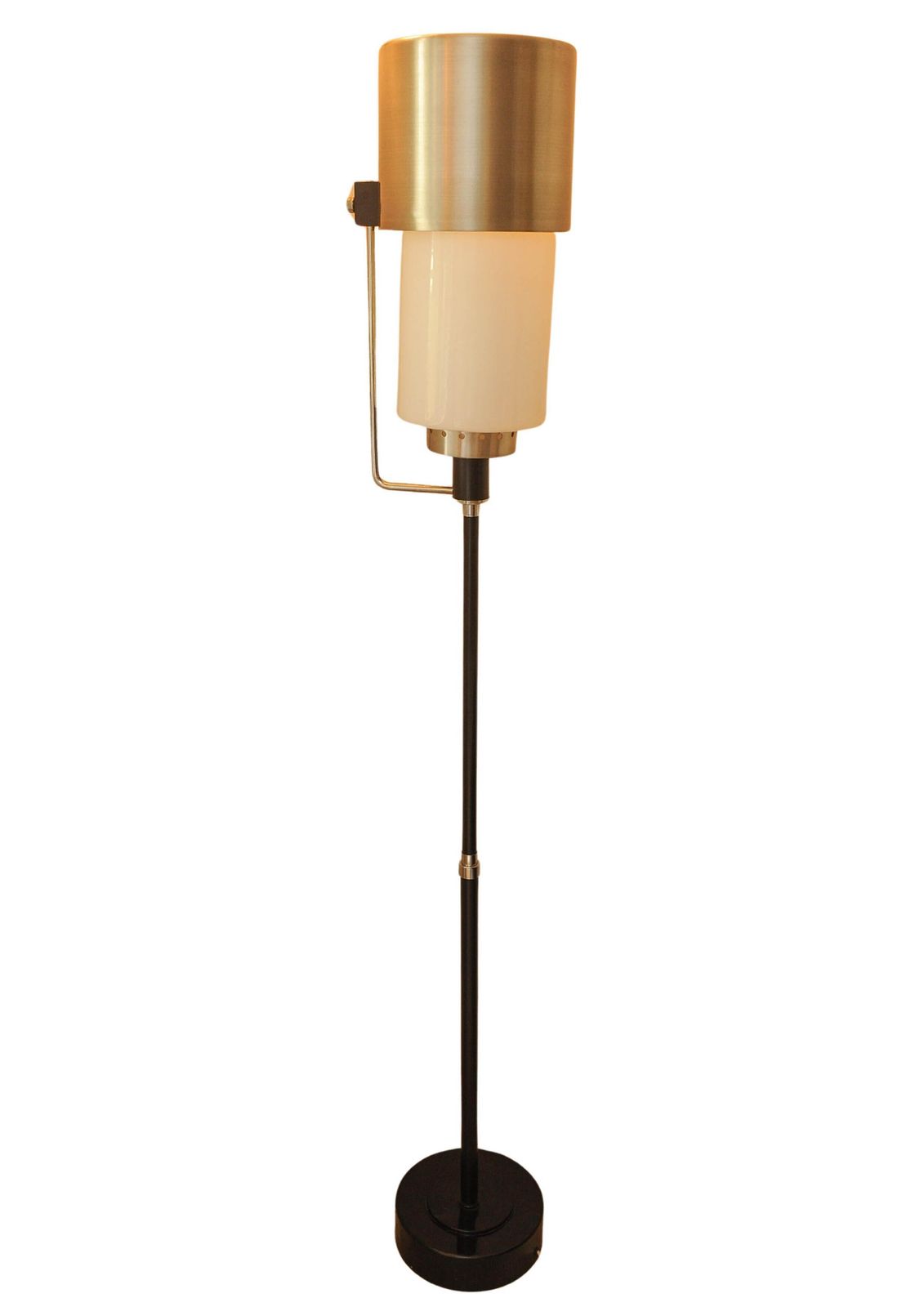 An Innovative Designed Brushed Aluminium & Steel Floor Lamp With A Cylindrical Milk Glass Shade. Perfect For A Lounge Or Office Setting photo for sale