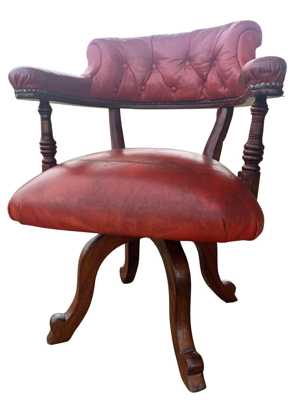 Victorian Mahogany & Red Leather Ecclesiastical Button Back Revolving Desk Chair With Stud Detailing & Iron Swivel Base photo furniture