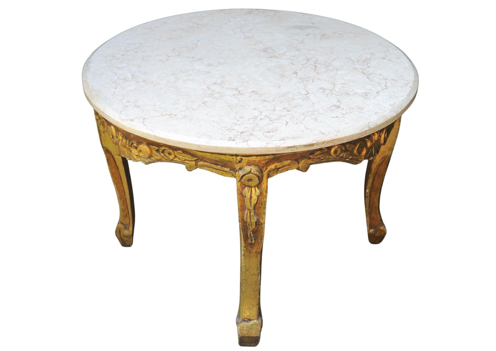 French 19th Century Giltwood & Veined Marble Topped Circular Salon Table In The Baroque Revival Style photo furniture