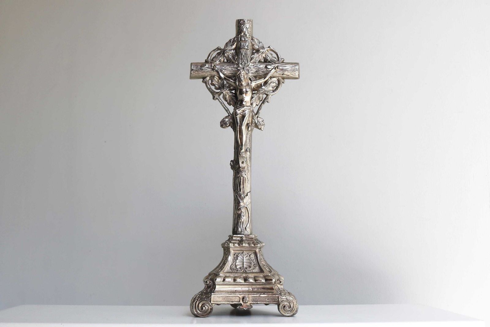 Antique Standing Spelter Altar Crucifix Cross– Foliage & Scroll Base Silver Colored French Ca. 1920s