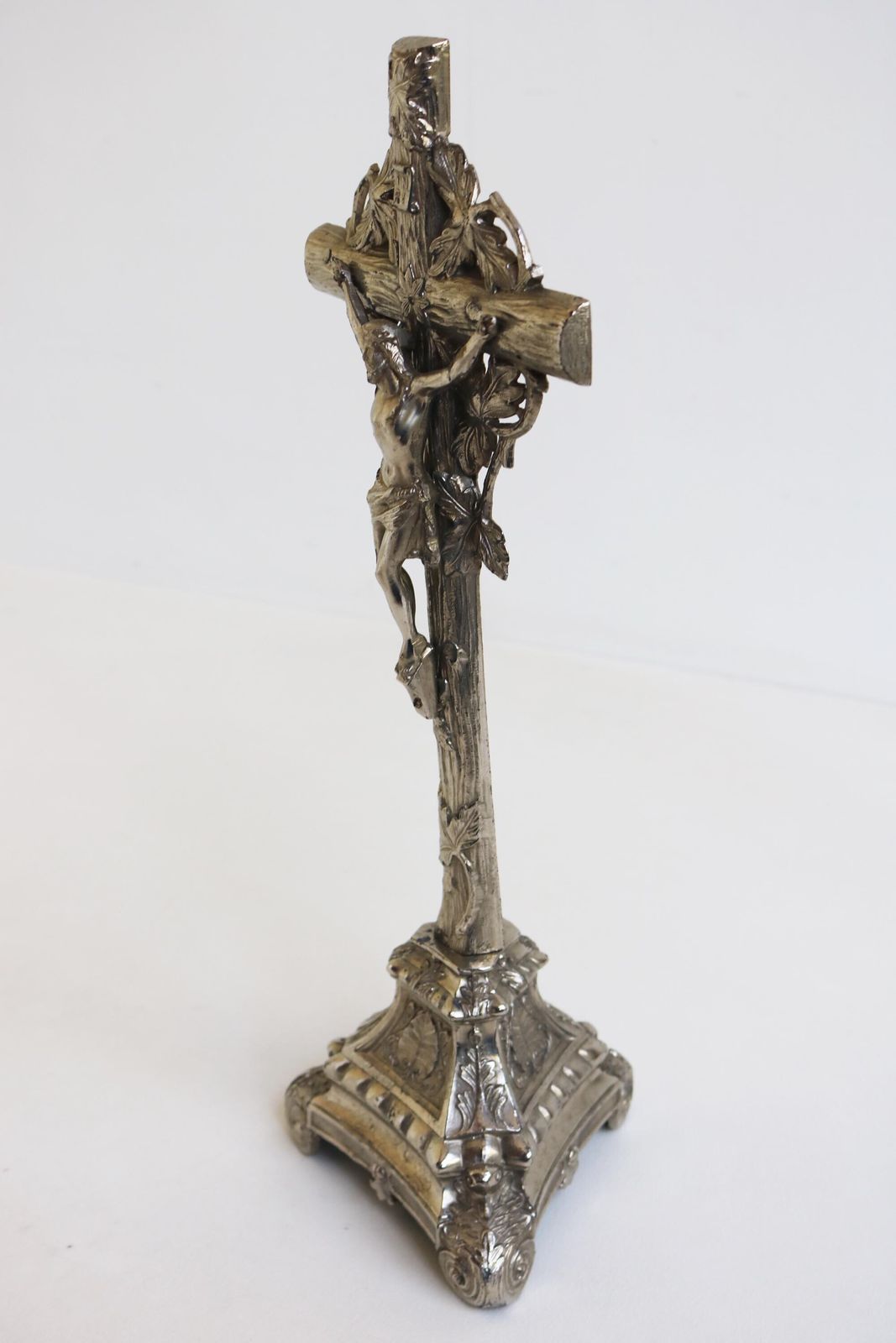 Antique Standing Spelter Altar Crucifix Cross– Foliage & Scroll Base Silver Colored French Ca. 1920s photo buy