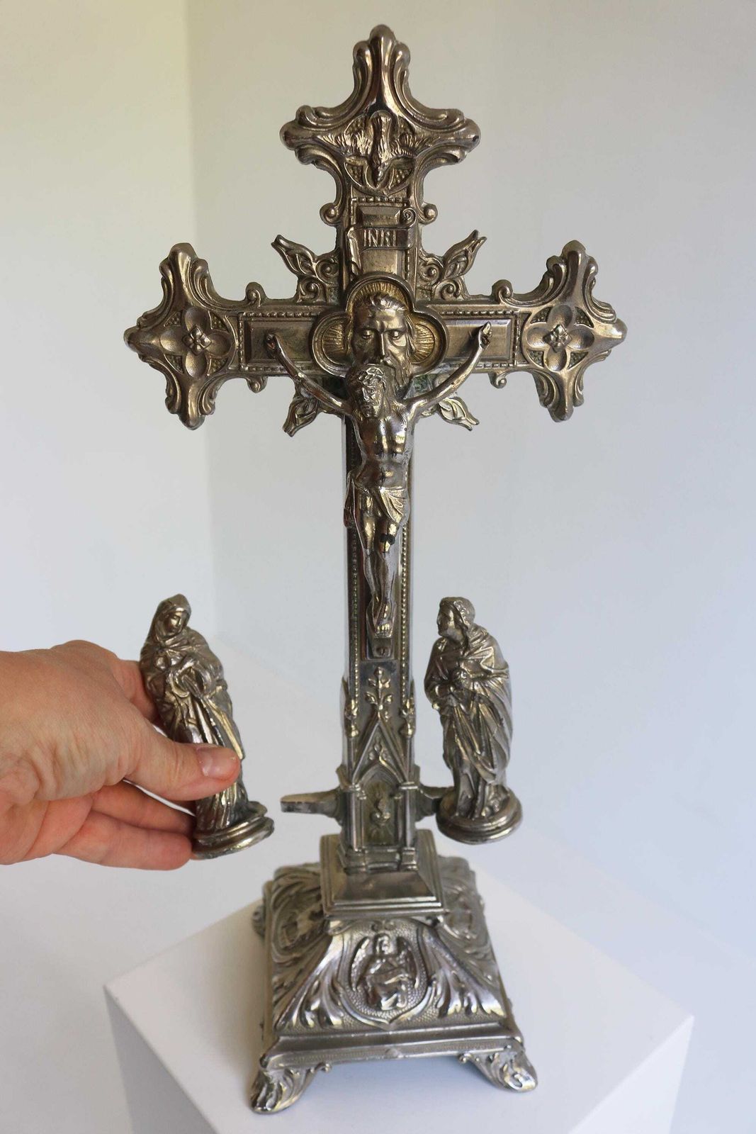 Antiek Frans Altaarkruis Op Voet – Spelter Kruis In Barokstijl Met De Vier Evangelisten, Jaren 1920 photo 445.0