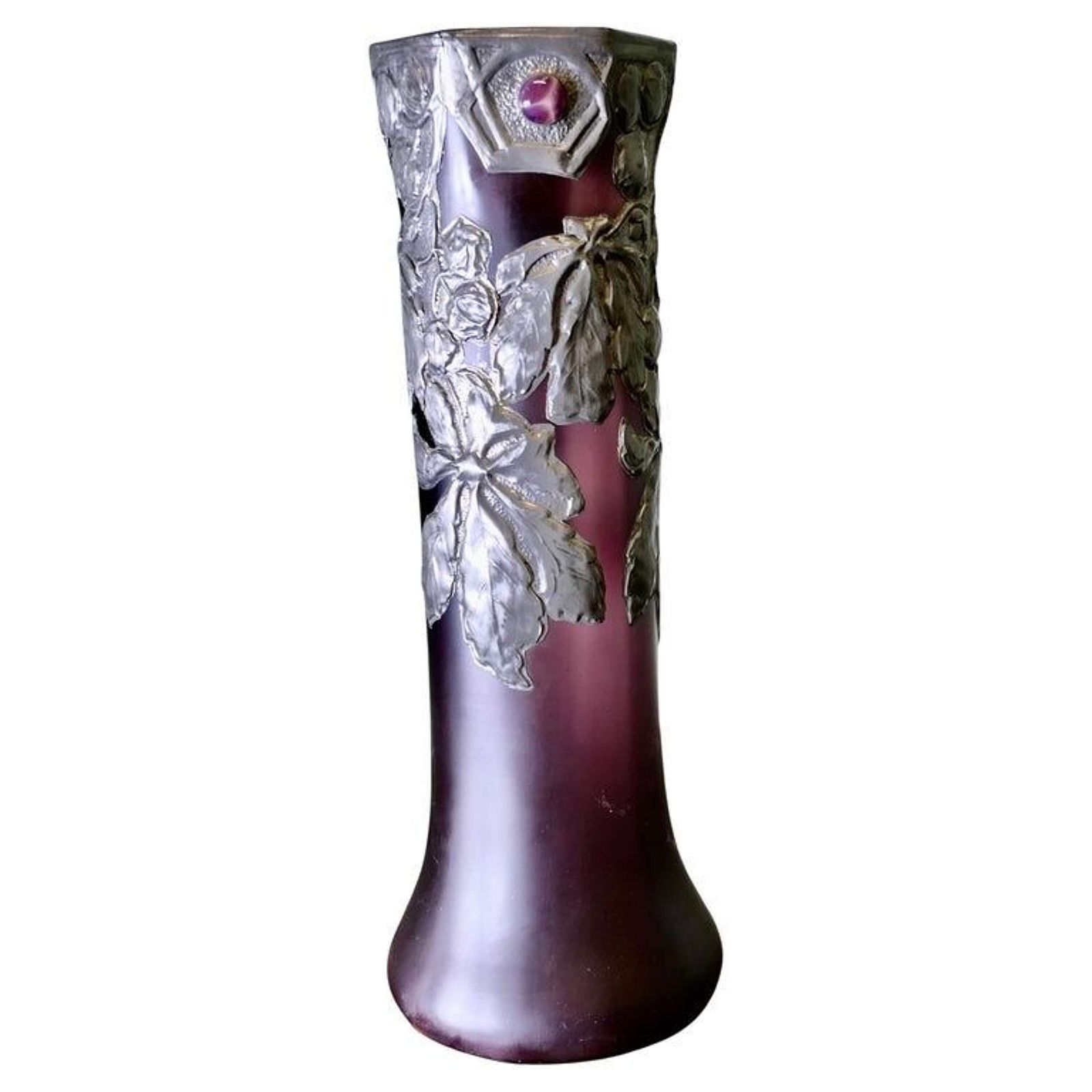 French Art Nouveau Amethyst Vase With Pewter Overlay