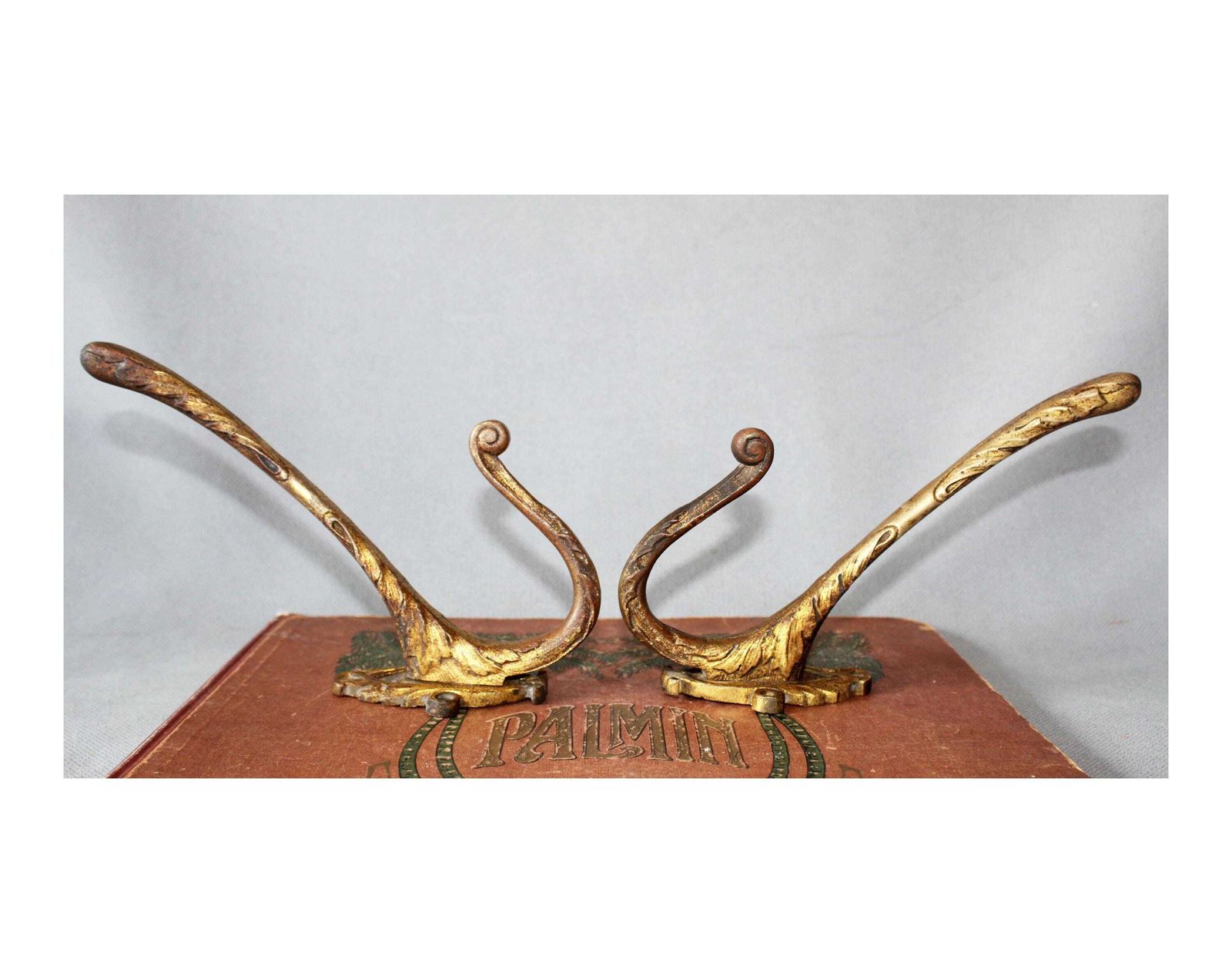 Set Of 2 Large French Antique Bronze Hook, Coat Hook, Clothes Hook, Cast Bronze, Entrance, Pair, Gilt Chateau, Regency Floral Decor