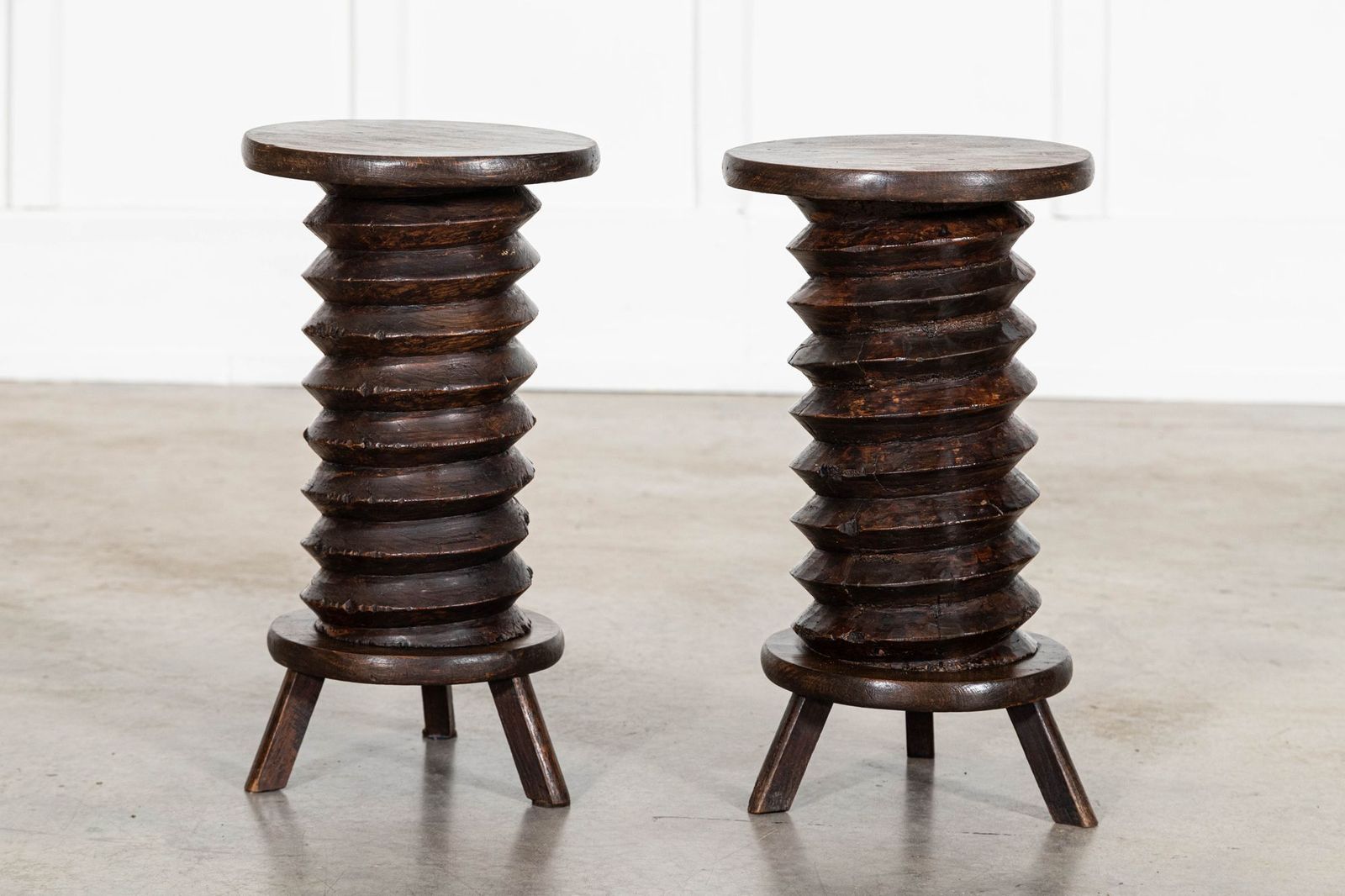 Pair French Elm Corkscrew Side Tables/Plant/Sculpture Stands