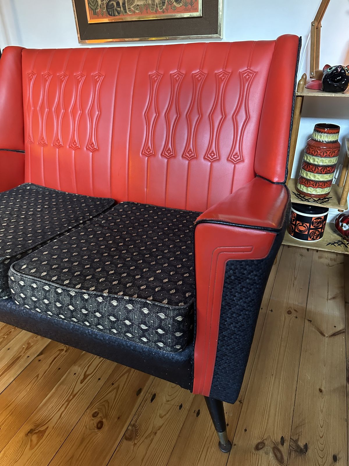 Vintage Mid Century Red & Black Vinyl Sofa & 2 Chairs 3 Piece Suite 1960s Mcm photo furniture