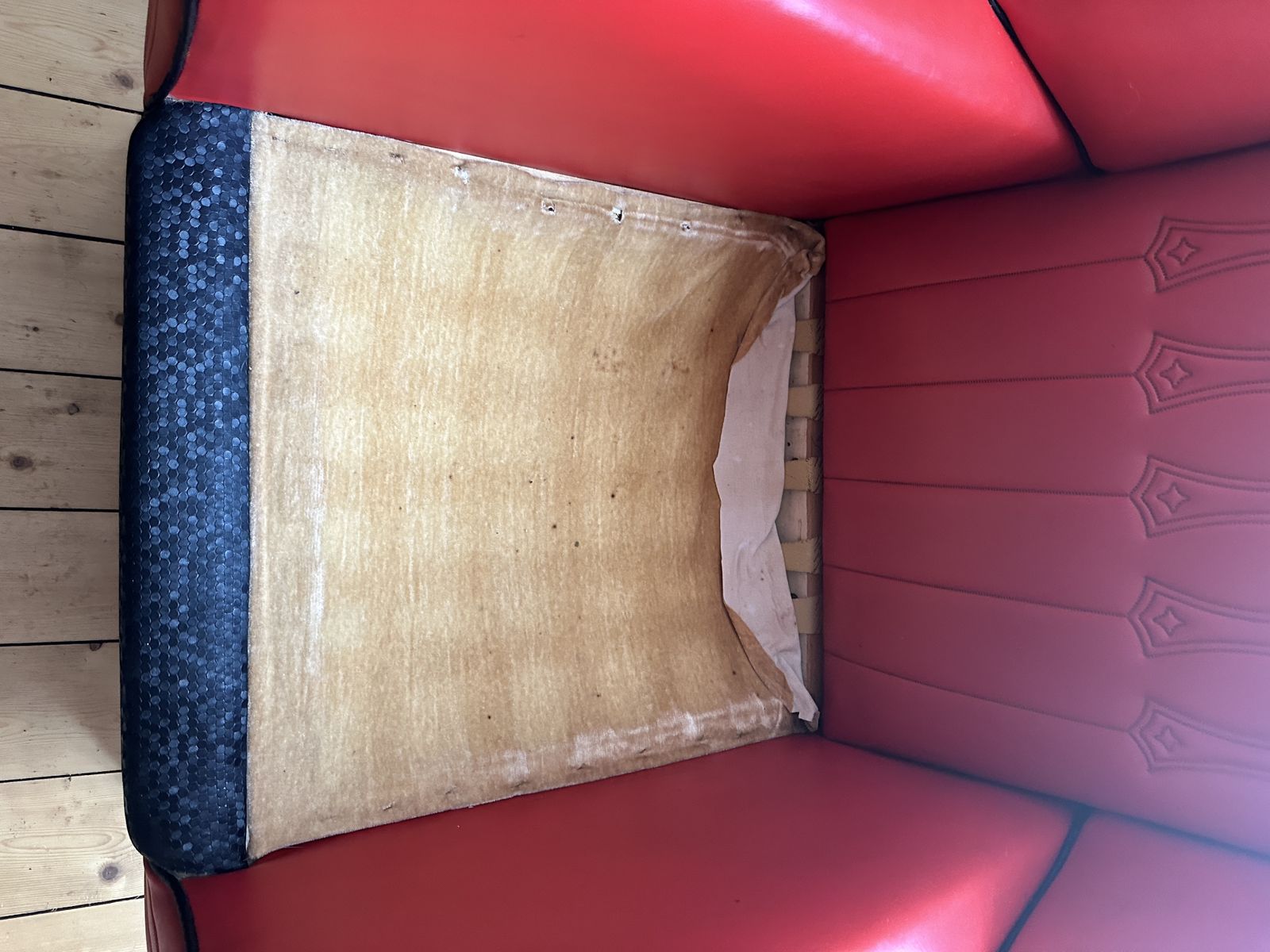 Vintage Mid Century Red & Black Vinyl Sofa & 2 Chairs 3 Piece Suite 1960s Mcm photo 495.0
