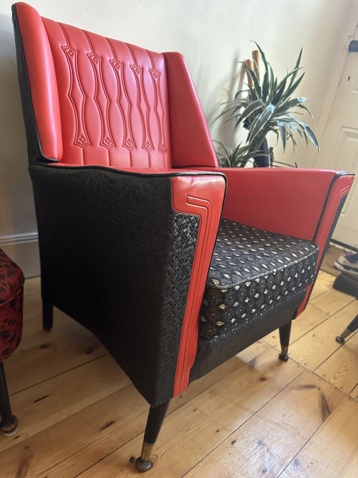495.0 Vintage Mid Century Red & Black Vinyl Sofa & 2 Chairs 3 Piece Suite 1960s Mcm photo