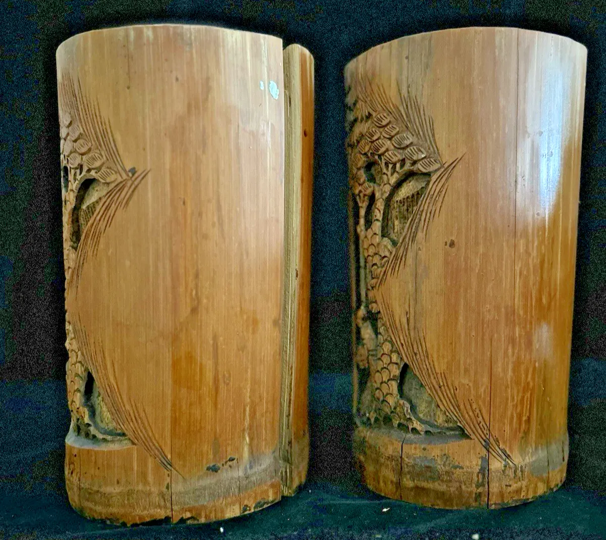 A Pair Large  Antique Carved Bamboo Chinese Brush Pots photo vintage