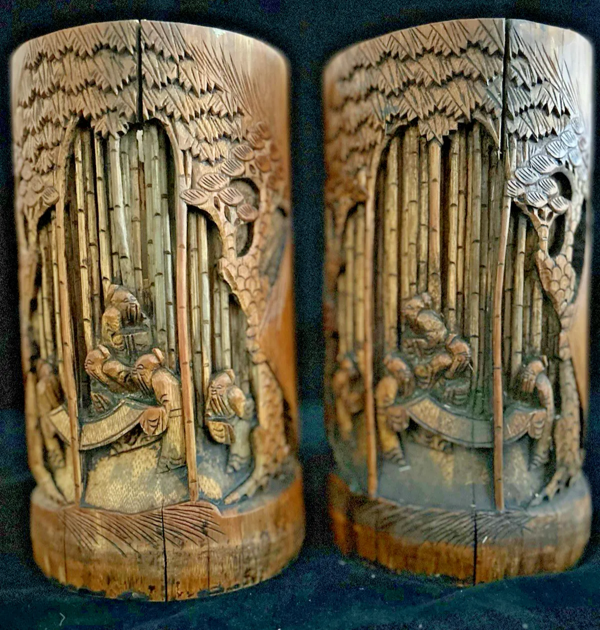 photo for sale A Pair Large  Antique Carved Bamboo Chinese Brush Pots