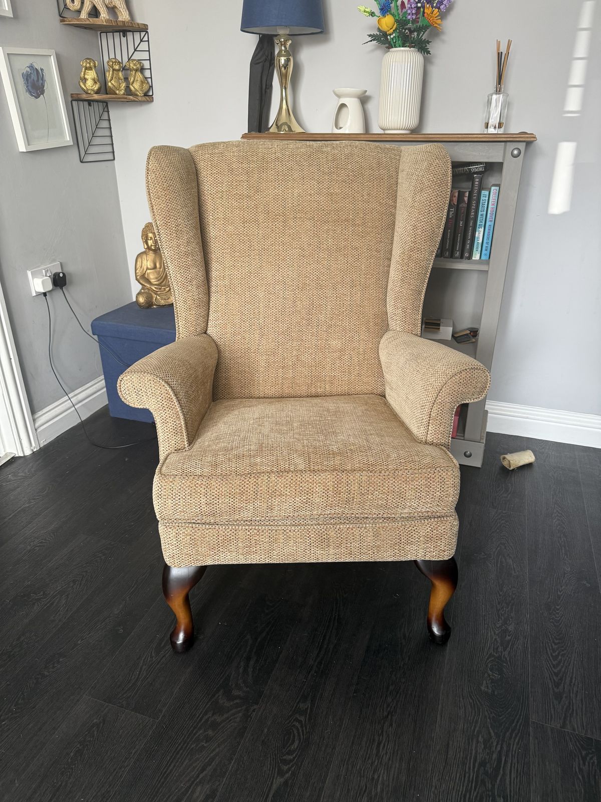 Hartley Wing Chair In Baslow Plain Gold, Legs In Antique Walnut, Seat Interior In Foam