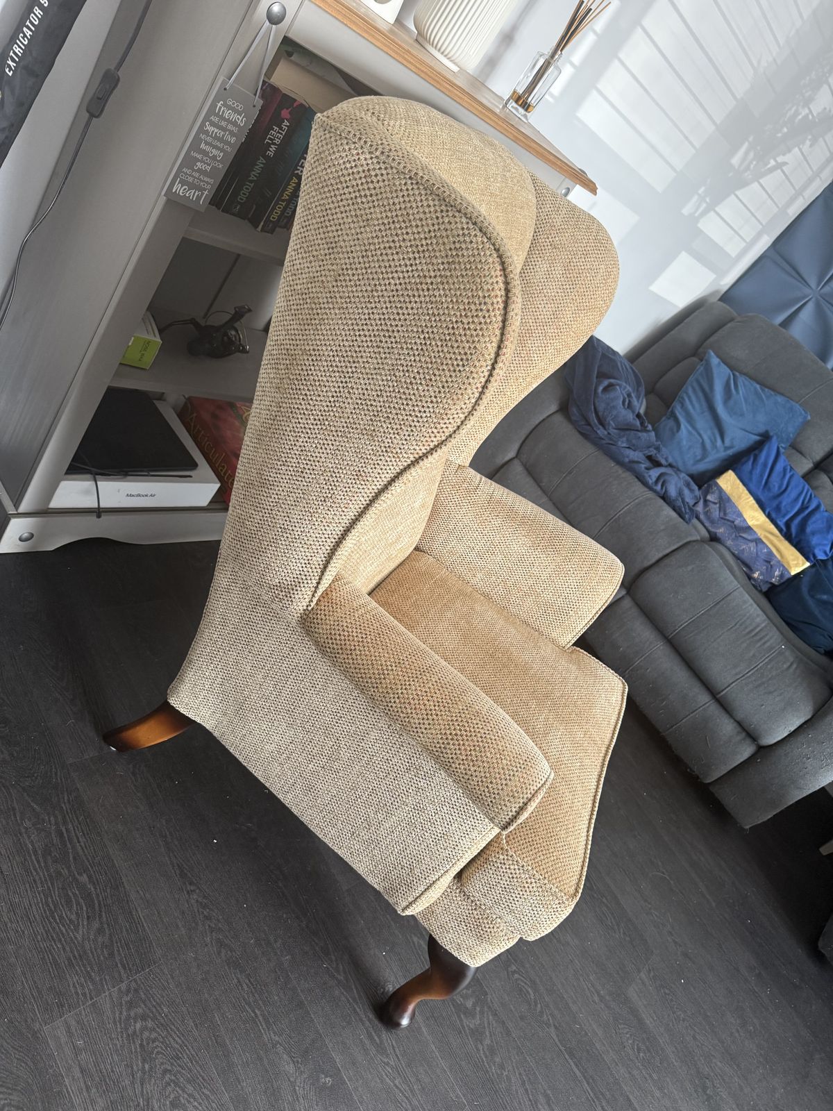 Hartley Wing Chair In Baslow Plain Gold, Legs In Antique Walnut, Seat Interior In Foam photo vinterior