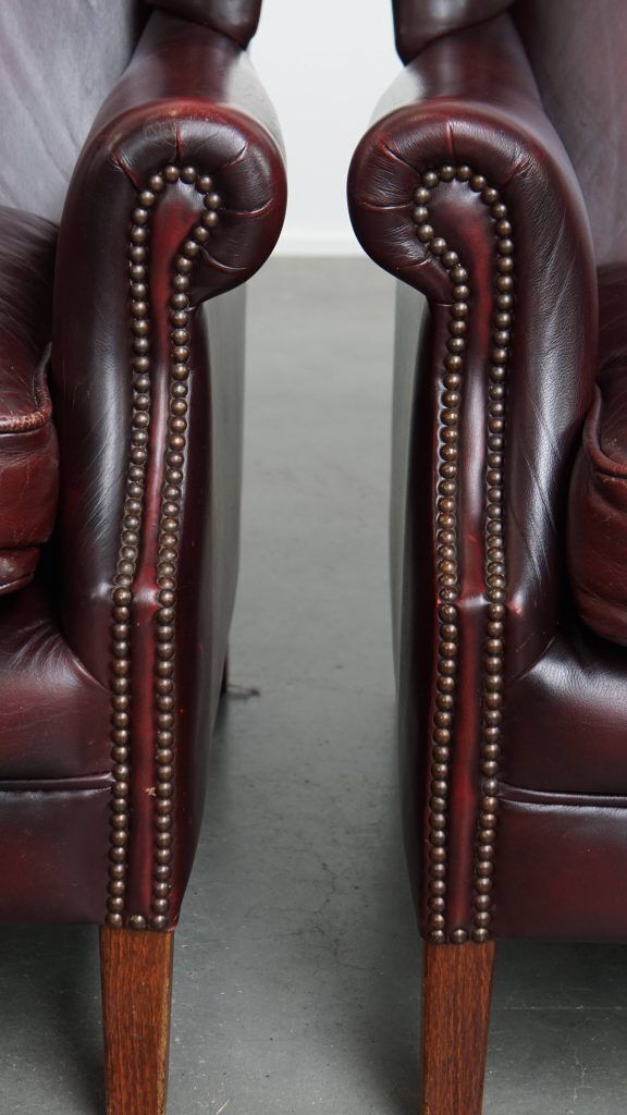 Furniture Set Of 2 Beautiful And Comfortable Burgundy Red Cowhide Wing Chairs In English Style With A Beautiful Patina photo