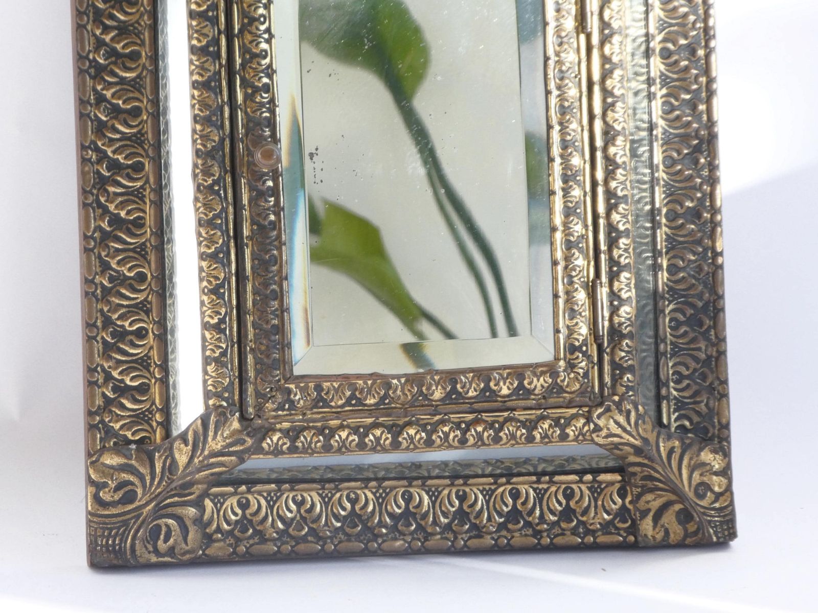 Antique Dutch Brass Wall Cabinet With Mirrors, Small Ornate Repousse Cabinet, Wall Hanging photo furniture