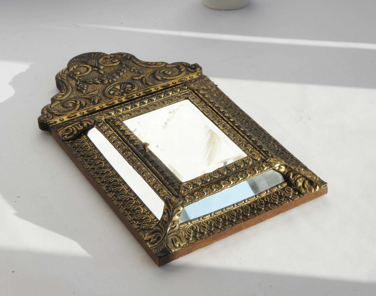 Antique Dutch Brass Wall Cabinet With Mirrors, Small Ornate Repousse Cabinet, Wall Hanging photo Furniture
