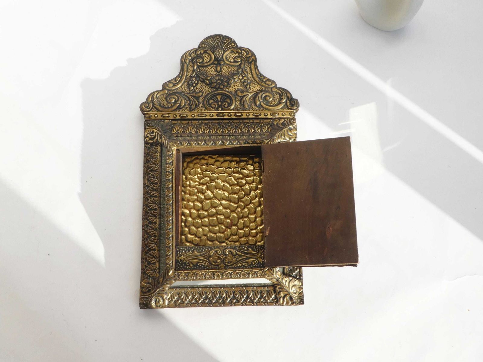 photo furniture Antique Dutch Brass Wall Cabinet With Mirrors, Small Ornate Repousse Cabinet, Wall Hanging