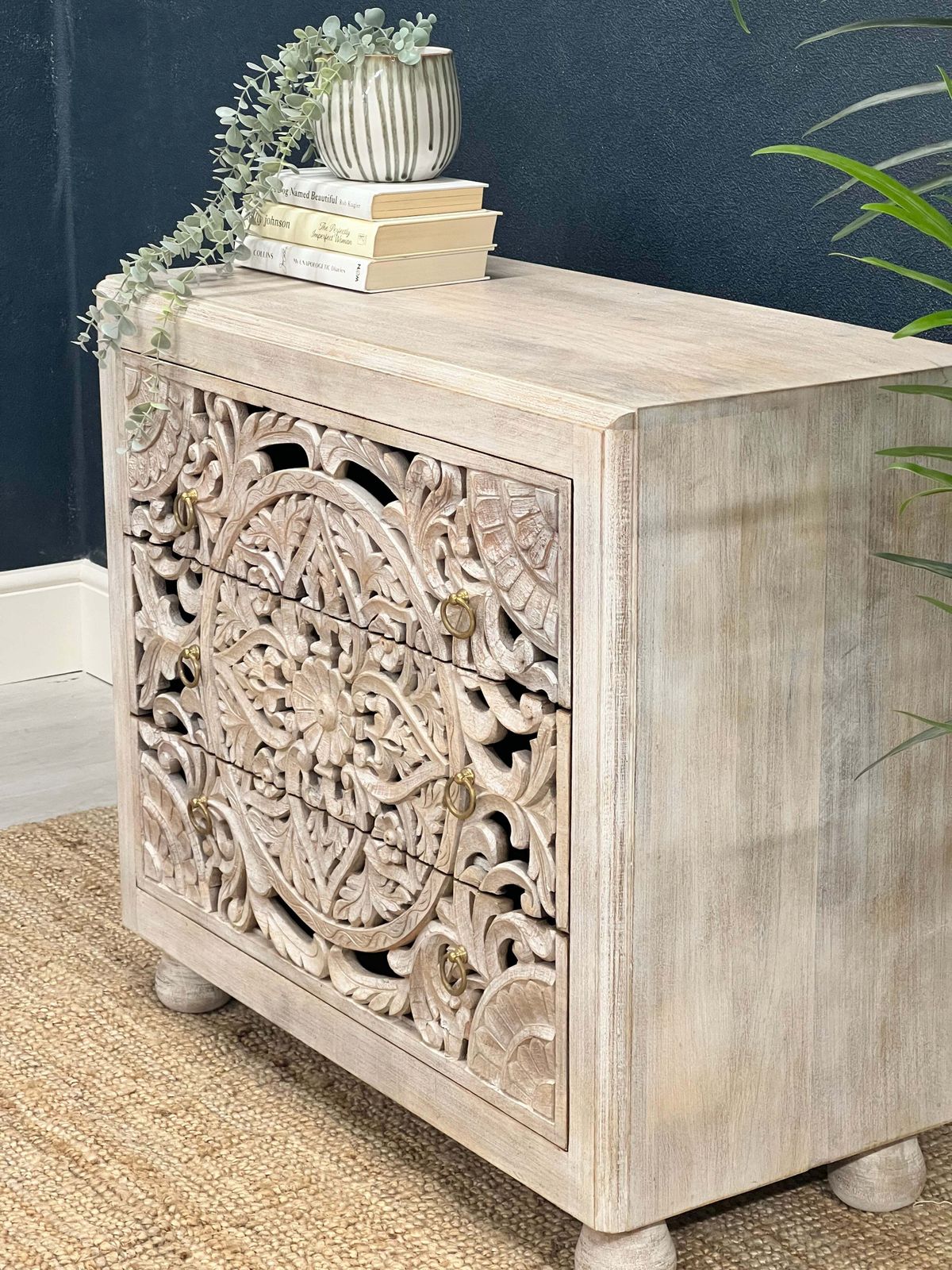 Hand Carved Whitewashed 3 Drawer Chest photo furniture
