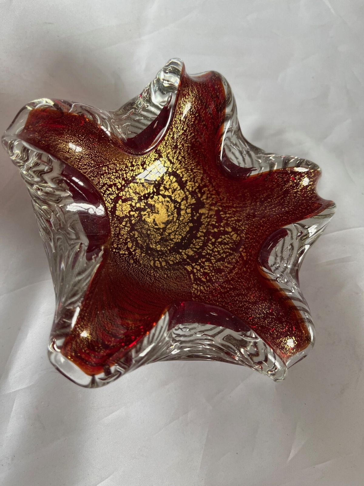 Murano Barovier & Toso 1960’s Ruby Red And Gold Fleck Art Glass Bowl Ribbed photo for sale