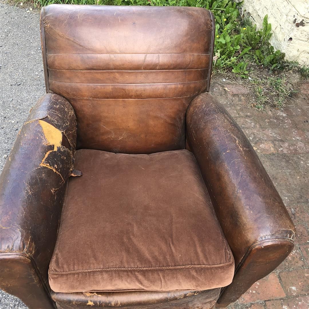 Vintage French Leather Club Armchair Some Damage 1930s photo Furniture