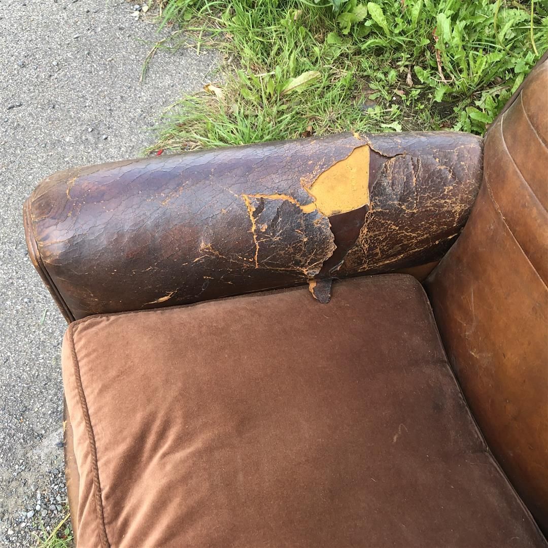 photo vinterior Vintage French Leather Club Armchair Some Damage 1930s
