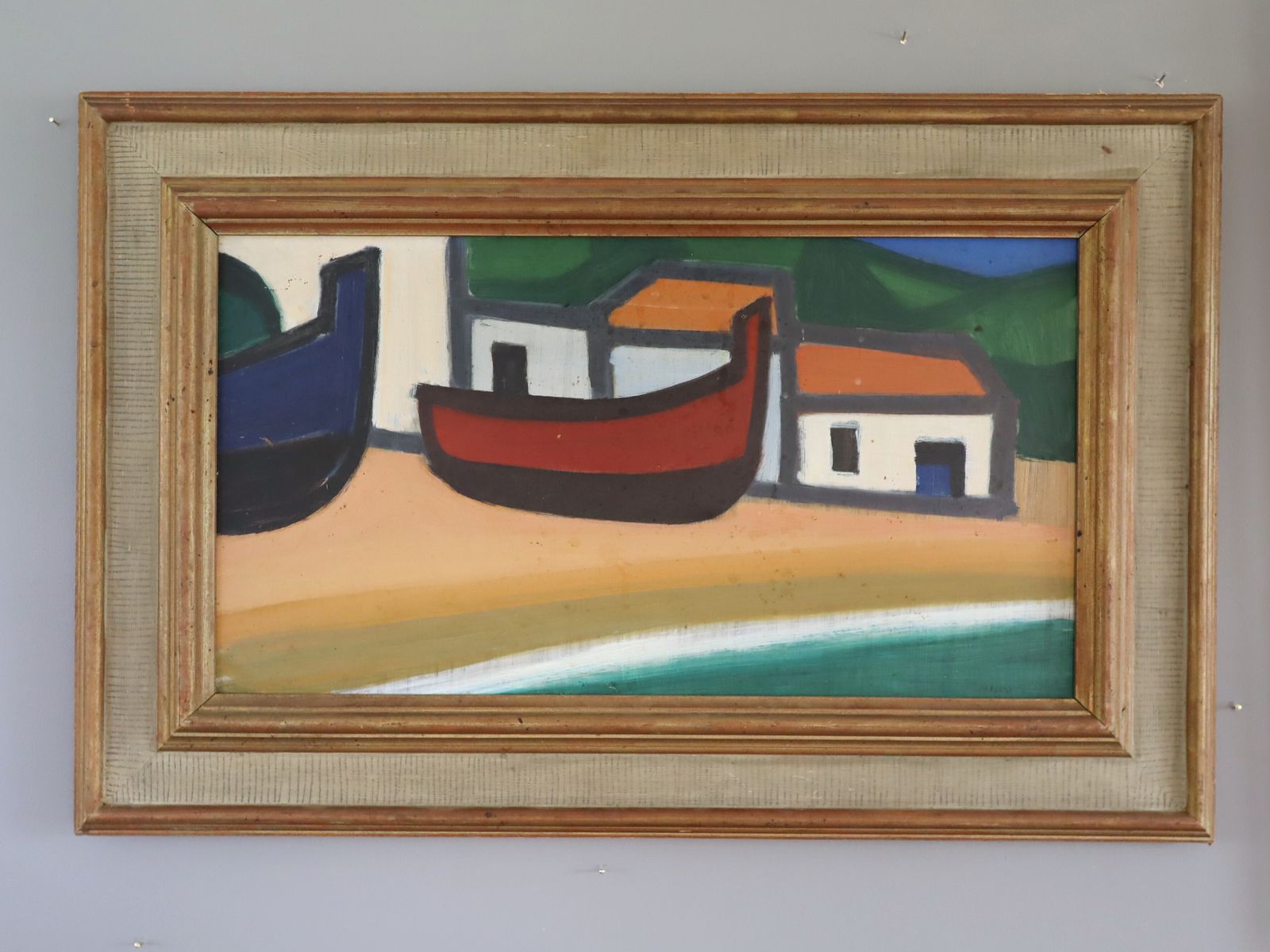 Boats At Rest Oil Painting, Mid 20th Century