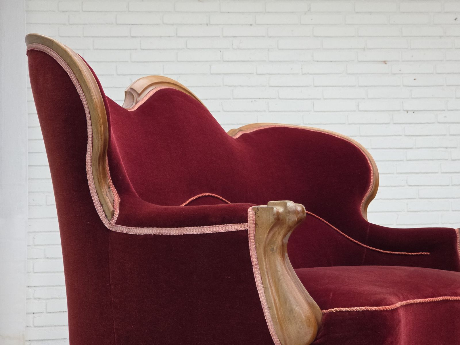 1920 30s, Danish 2 Seater Sofa, Furniture Velour, Ash Wood, Reupholstered. photo for sale