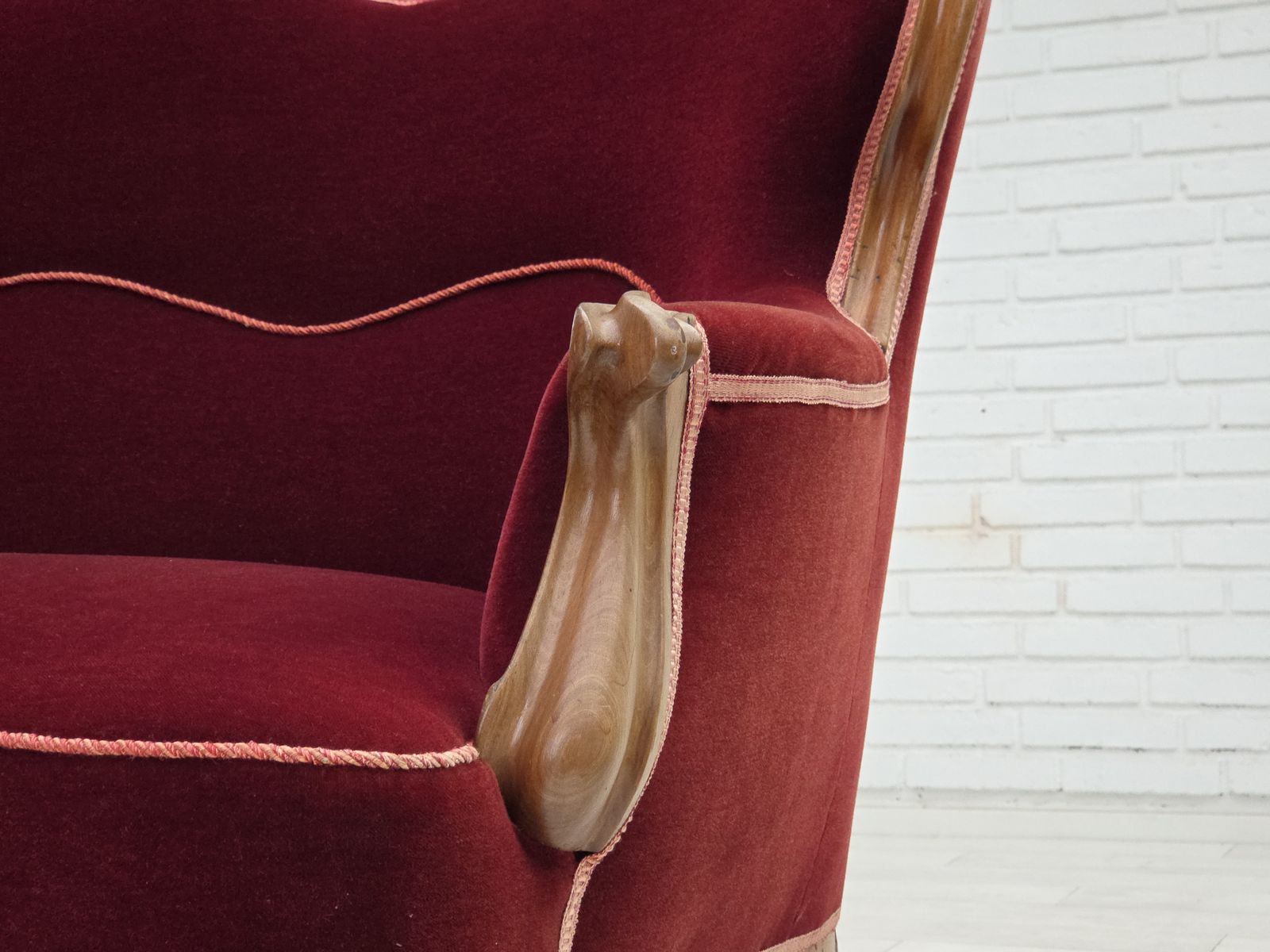 1920 30s, Danish 2 Seater Sofa, Furniture Velour, Ash Wood, Reupholstered. photo vintage