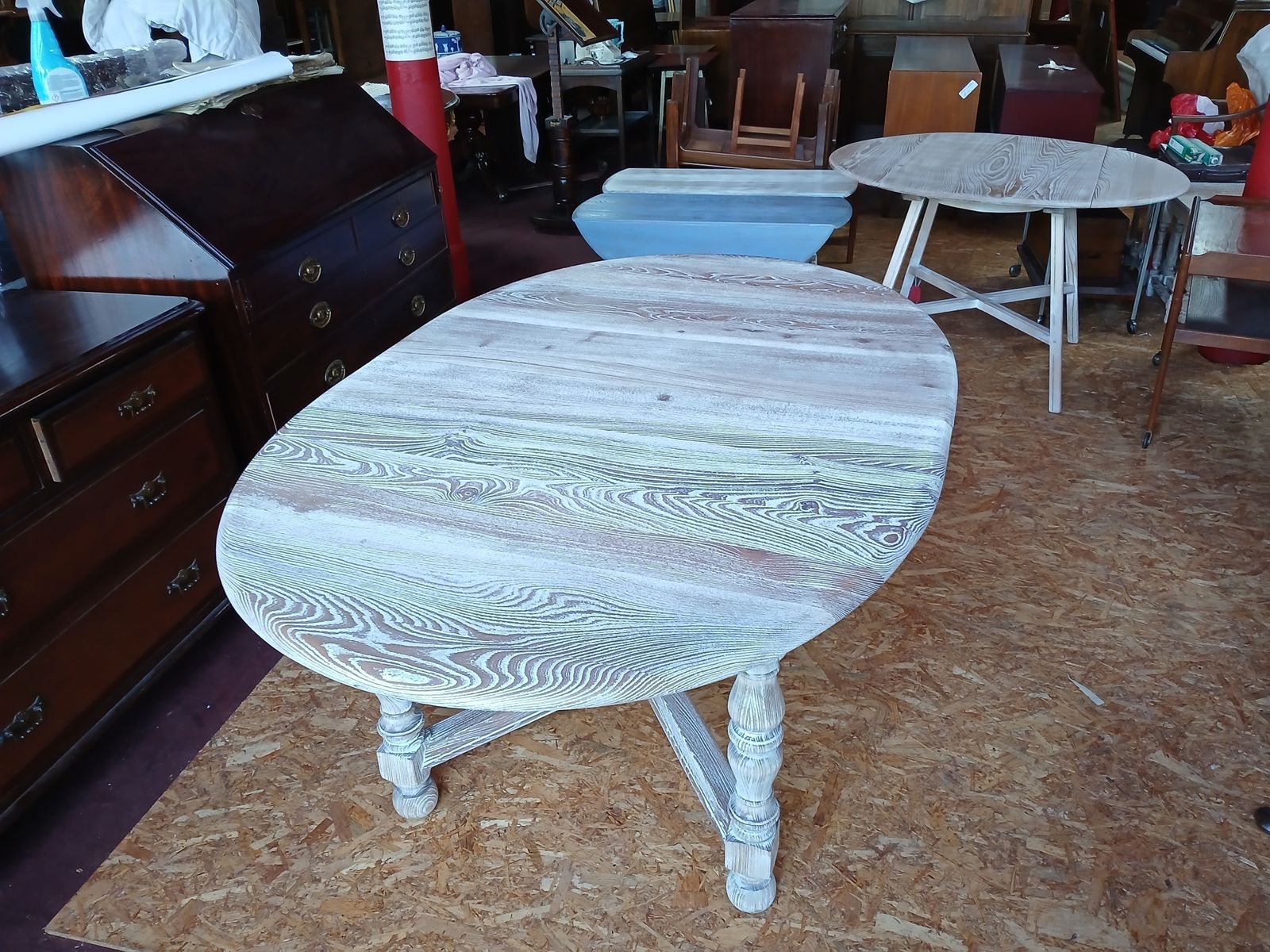 photo vinterior A Turned Leg Cross Stretcher Base Drawer Leaf  Cerused Elm Refectory Table, 1950s, In A Driftwood White Modernity Finish